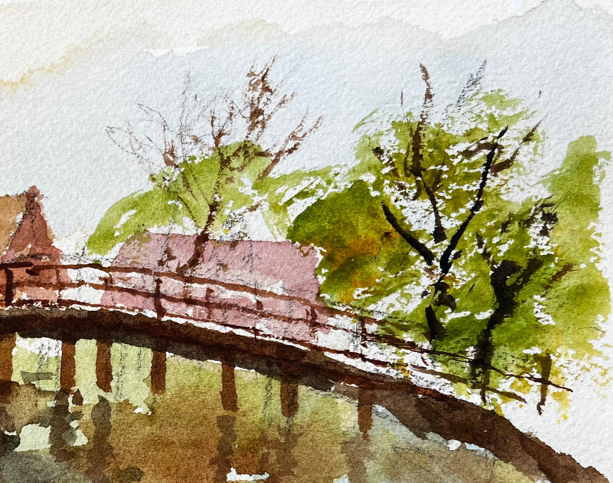 Title: Flatford Mill Footbridge with Reflections and Thatched Cottages Suffolk
By Tony Herbert (1927-2024)
Medium: Watercolor on artists paper
Size: 7 x 10.25 inches 
Condition: good; a clean and well-preserved work with no visible marks or