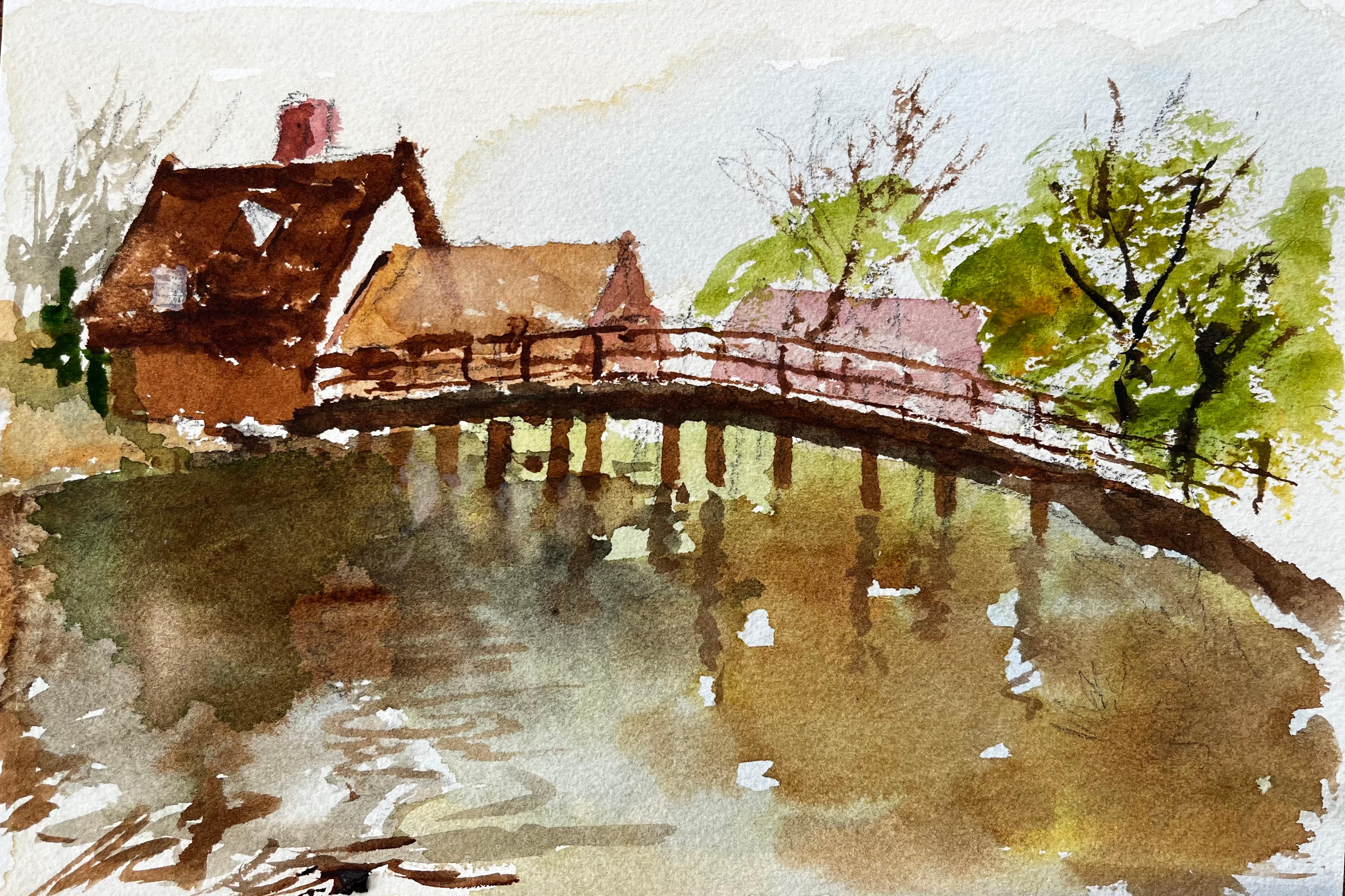 Anthony Herbert Landscape Art - Flatford Mill Footbridge with Reflections and Thatched Cottages Suffolk