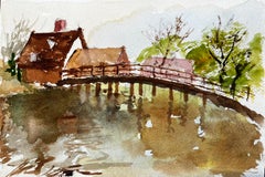 Flatford Mill Footbridge with Reflections and Thatched Cottages Suffolk (passerelle pour le moulin de Flatford, avec des reflets et des chaumières)