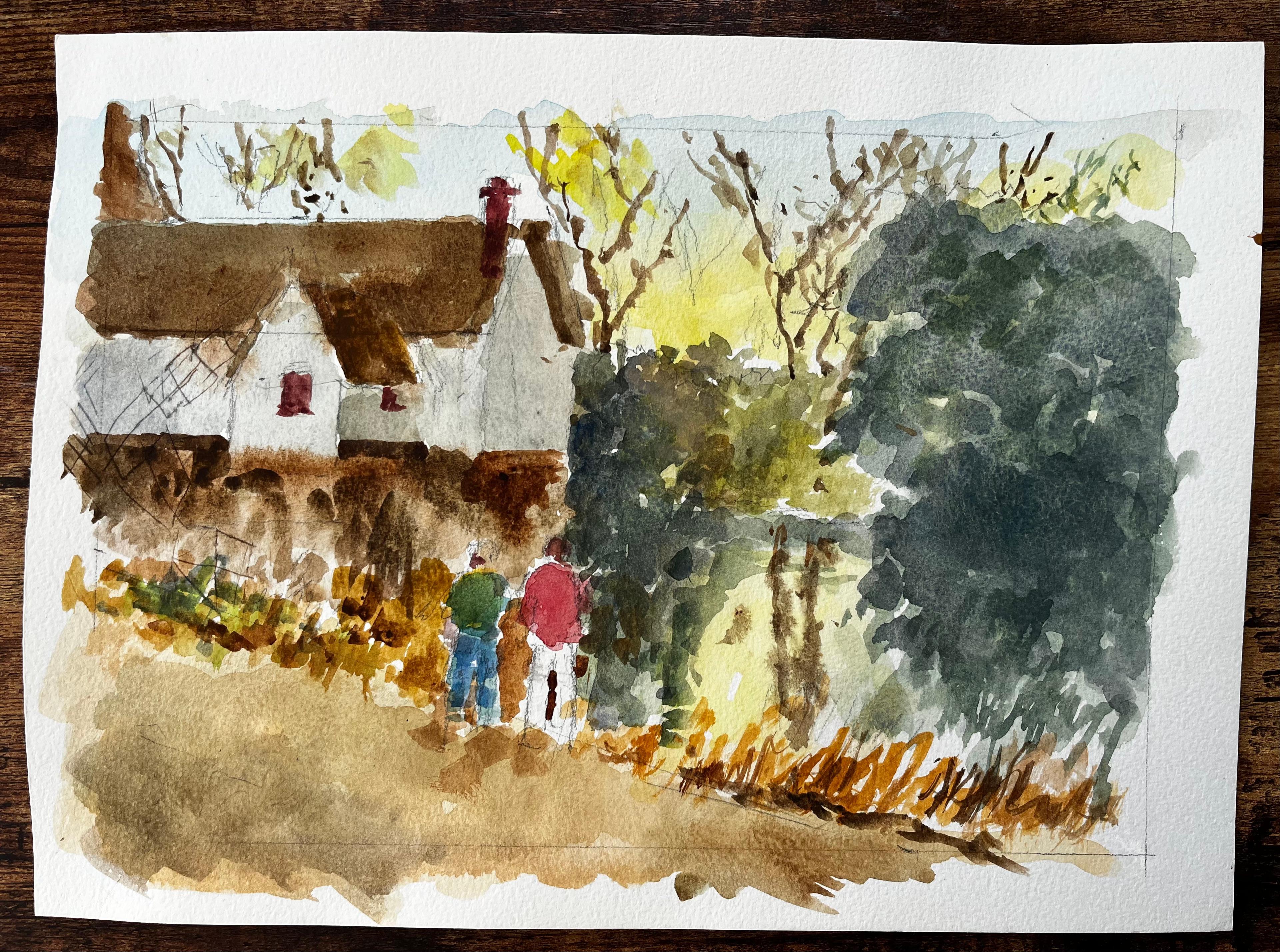 Flatford Mill Suffolk Landschaft mit Figuren und strohgedecktem Cottage Aquarell – Art von Anthony Herbert