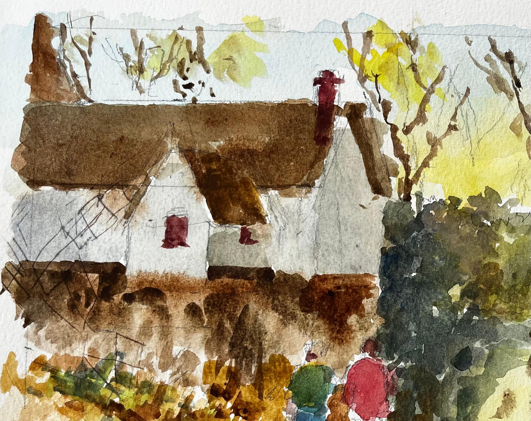 Flatford Mill Suffolk Landschaft mit Figuren und strohgedecktem Cottage Aquarell (Impressionismus), Art, von Anthony Herbert