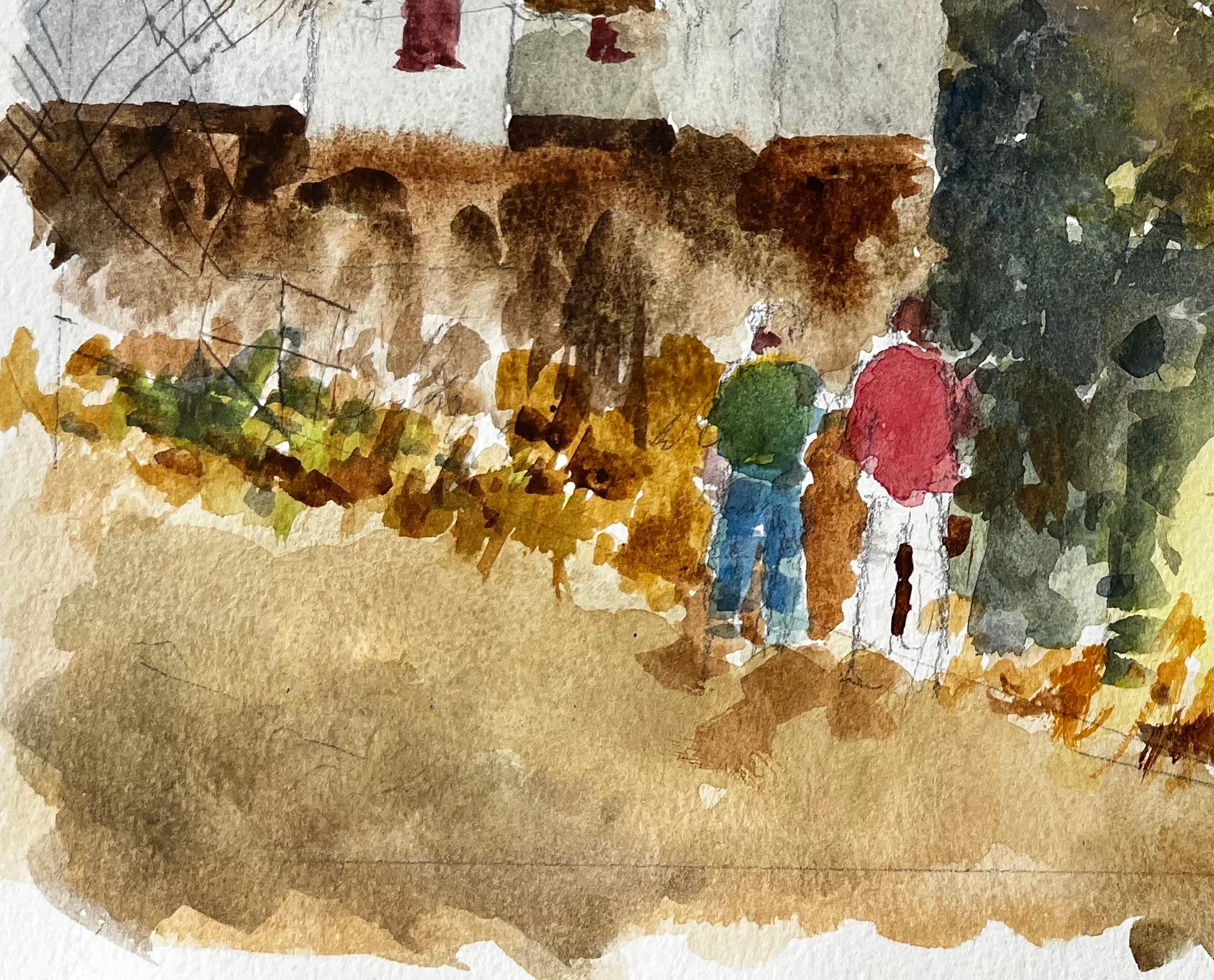 Flatford Mill Suffolk Landschaft mit Figuren und strohgedecktem Cottage Aquarell (Braun), Landscape Art, von Anthony Herbert