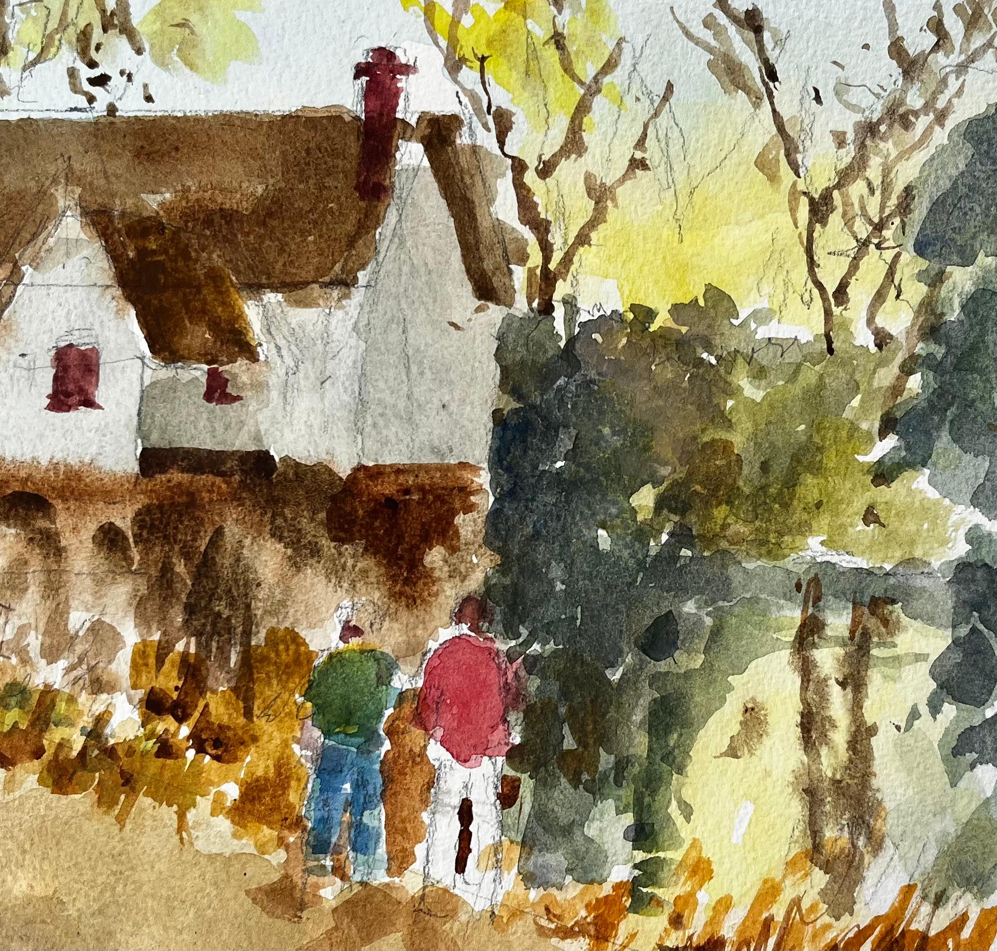 Flatford Mill Suffolk Landschaft mit Figuren und strohgedecktem Cottage Aquarell im Angebot 1