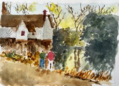 Flatford Mill Suffolk Landscape with Figures and Thatched Cottage Watercolour