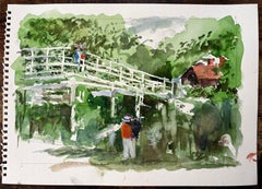 Flatford Mill Suffolk White Footbridge and Figures in Summer Landscape
