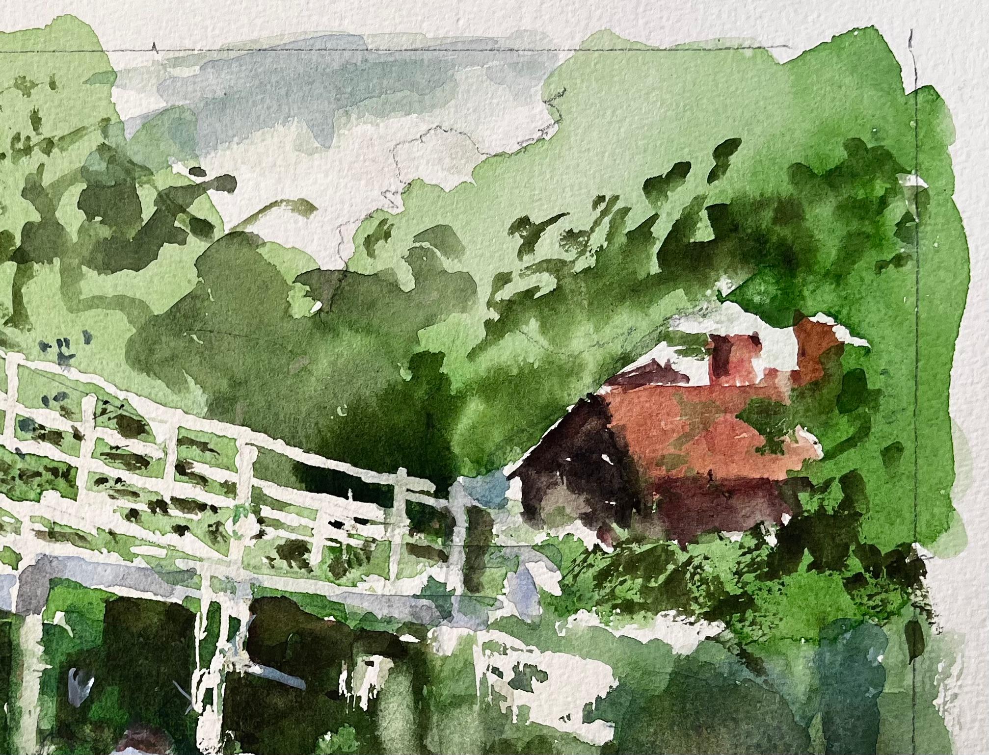 Flatford Mill Suffolk Weißer Steg und Figuren in Sommerlandschaft (Grau), Landscape Art, von Anthony Herbert