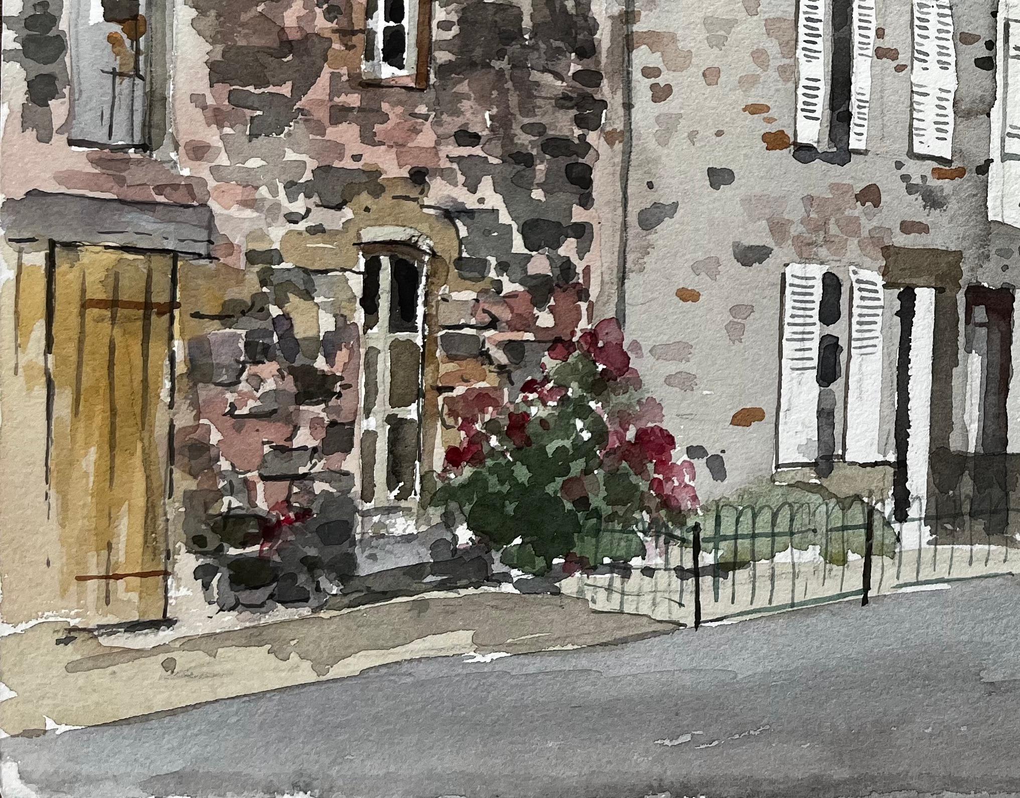 Französische Straßenszene mit Bar La Coquille Stadthaus im normannischen Stil Aquarell (Impressionismus), Painting, von Anthony Herbert