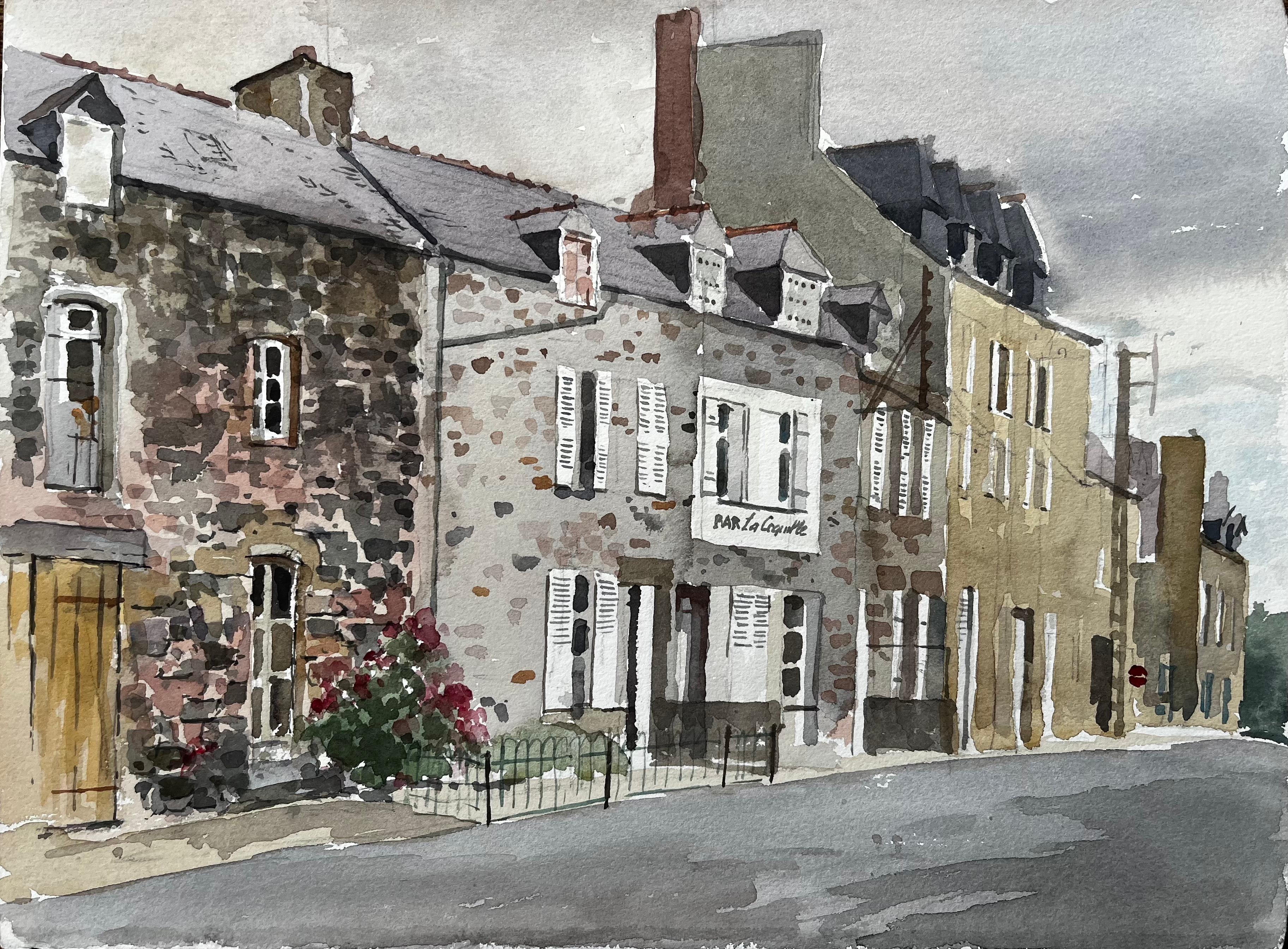 Anthony Herbert Landscape Painting – Französische Straßenszene mit Bar La Coquille Stadthaus im normannischen Stil Aquarell