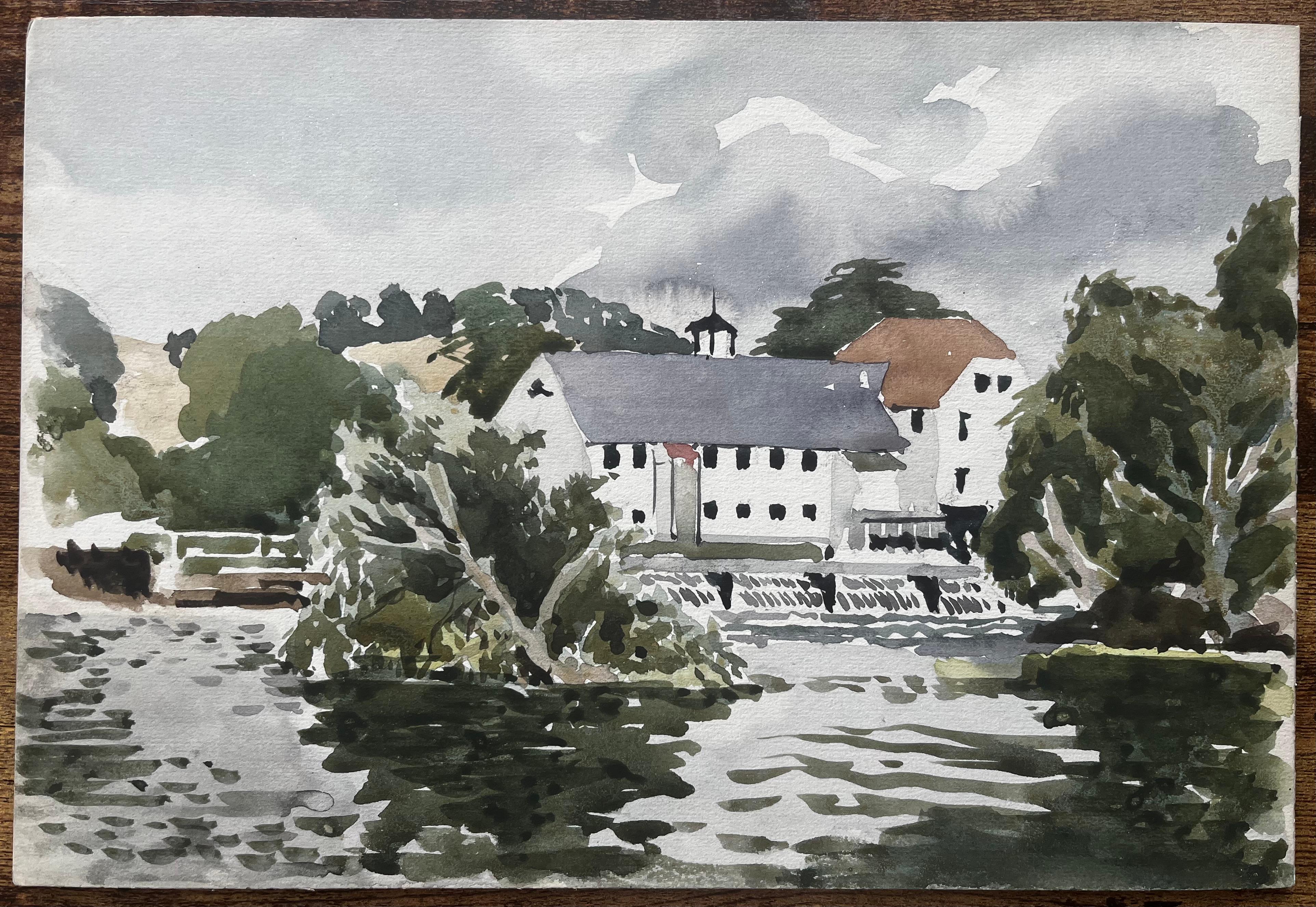 George Adams Schleuse an der Themse Aquarell von Mühlengebäude und Schleuse – Art von Anthony Herbert