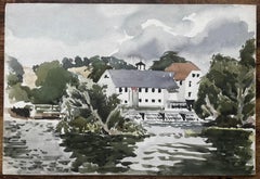 George Adams Lock on the River Thames Watercolour of Mill Building and Sluice