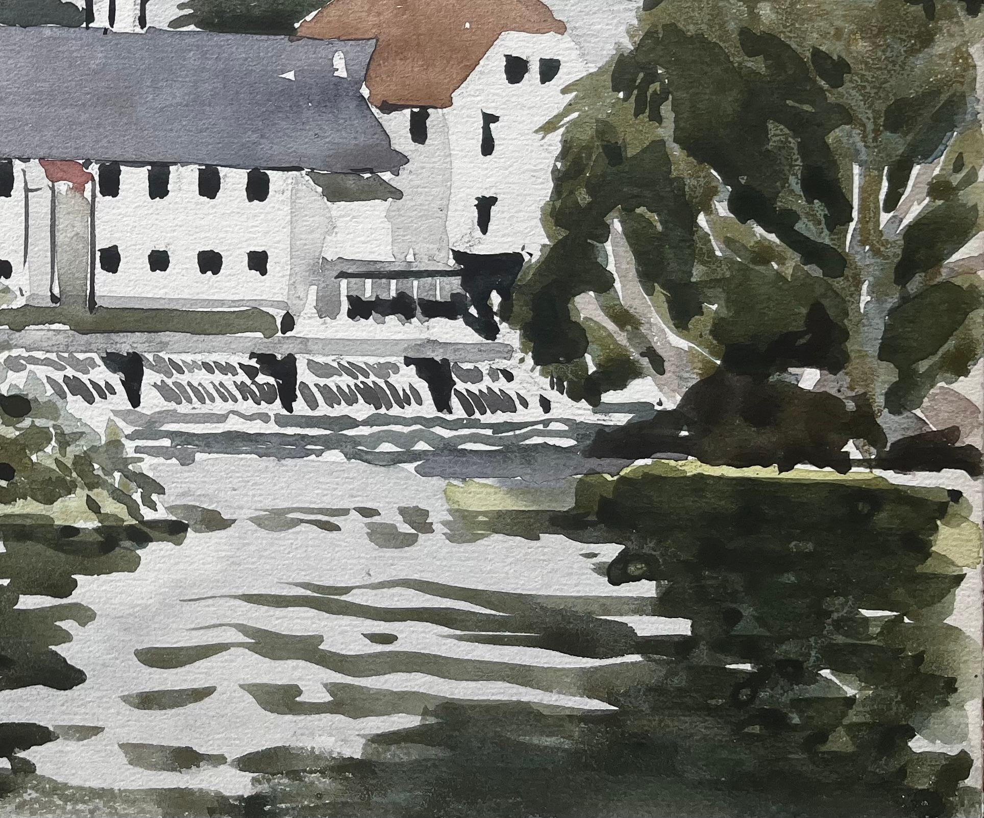 George Adams Schleuse an der Themse Aquarell von Mühlengebäude und Schleuse (Impressionismus), Art, von Anthony Herbert