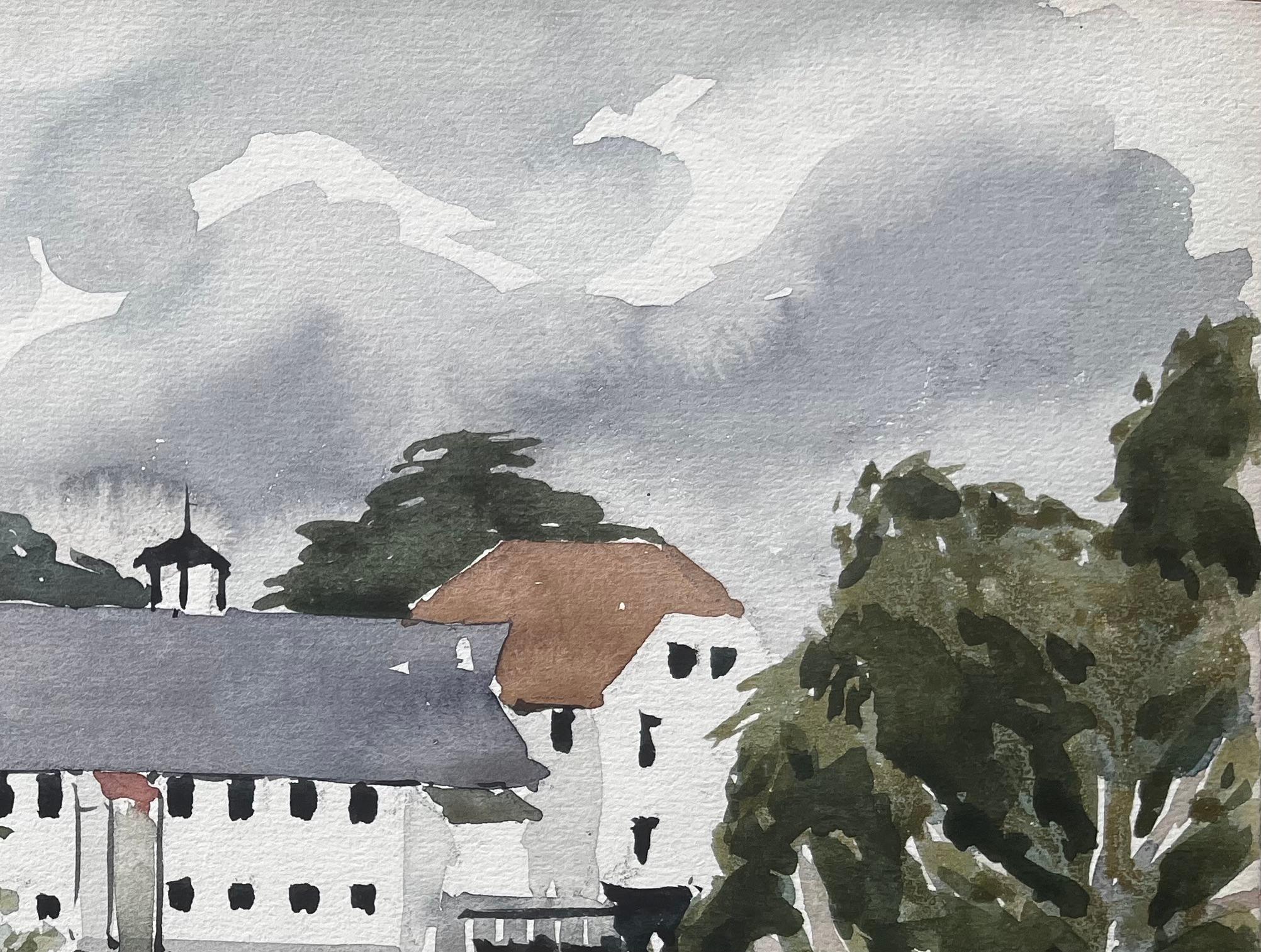George Adams Schleuse an der Themse Aquarell von Mühlengebäude und Schleuse (Grau), Landscape Art, von Anthony Herbert