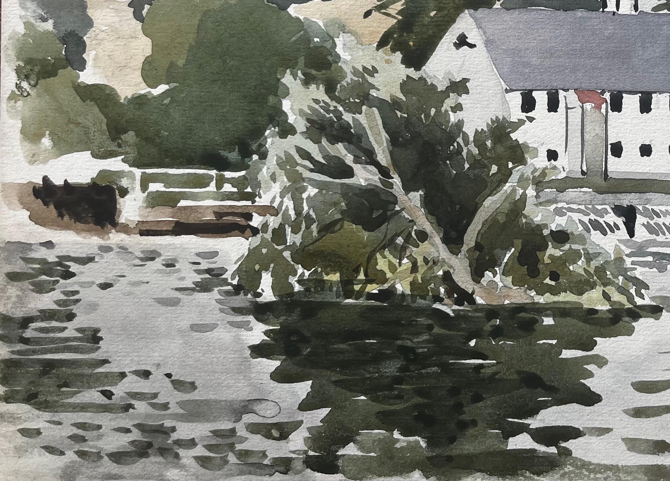 Titel: George Adams Schleuse an der Themse Aquarell von Mühlengebäude und Schleuse
Von Tony Herbert (1927-2024)
Medium: Aquarell auf Karton, ungerahmt
Größe: 7,75 Zoll (Höhe) x 11,5 Zoll (Breite)
Zustand: gut, einige altersbedingte