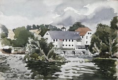George Adams Schleuse an der Themse Aquarell von Mühlengebäude und Schleuse