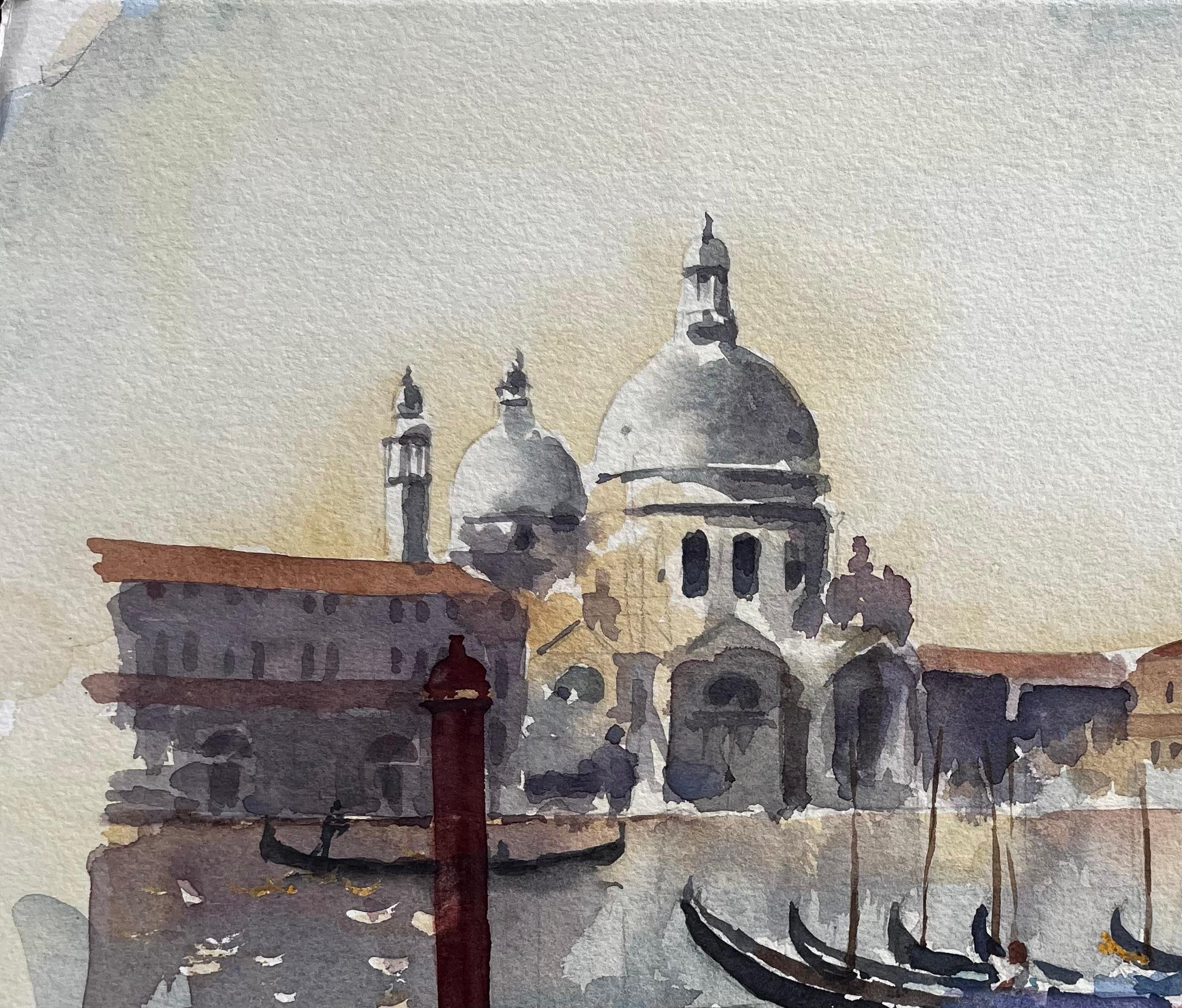 Gondolas on the Grand Canal with Santa Maria della Salute Venice - Impressionist Art by Anthony Herbert
