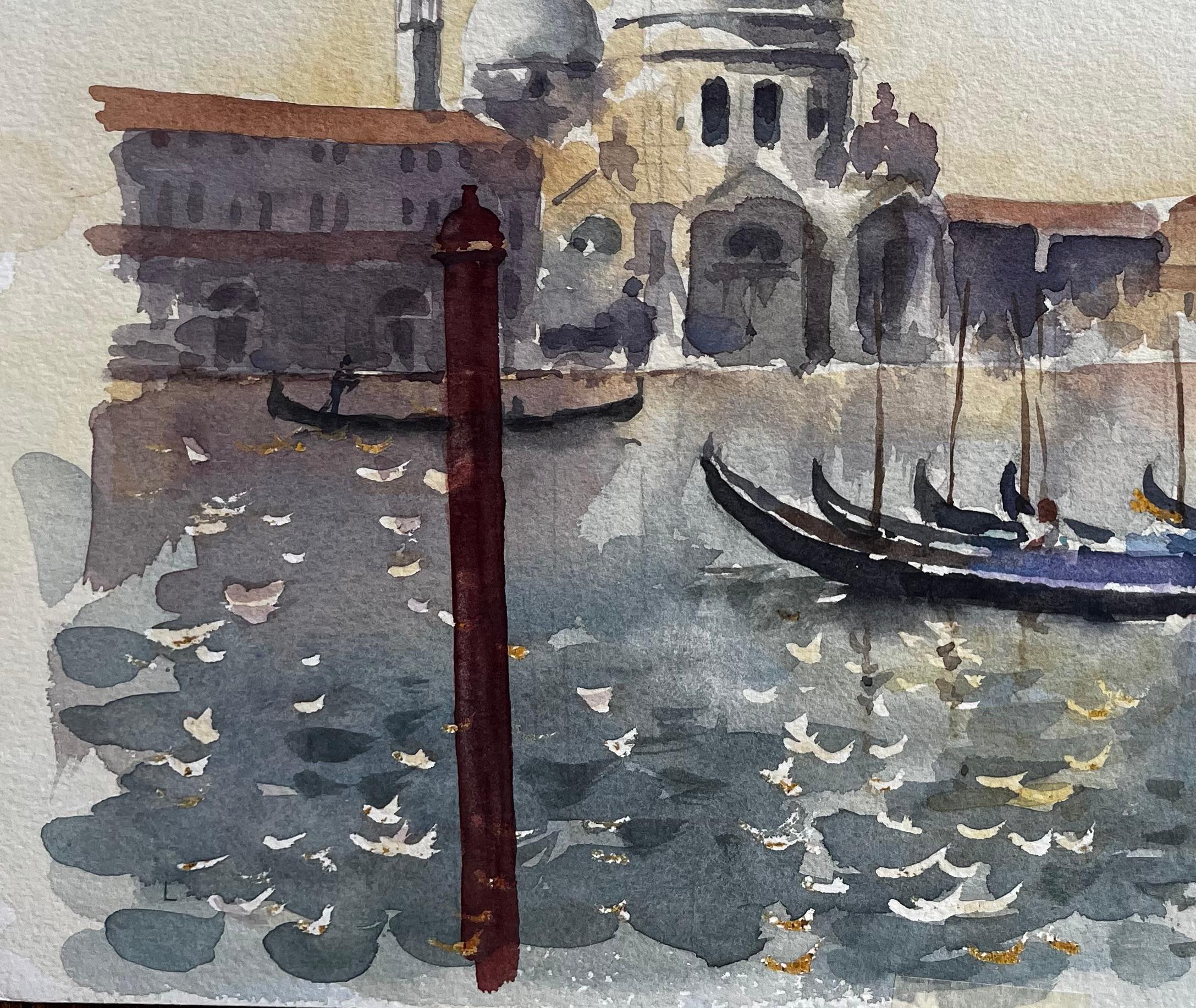 Gondolas on the Grand Canal with Santa Maria della Salute Venice - Gray Landscape Art by Anthony Herbert