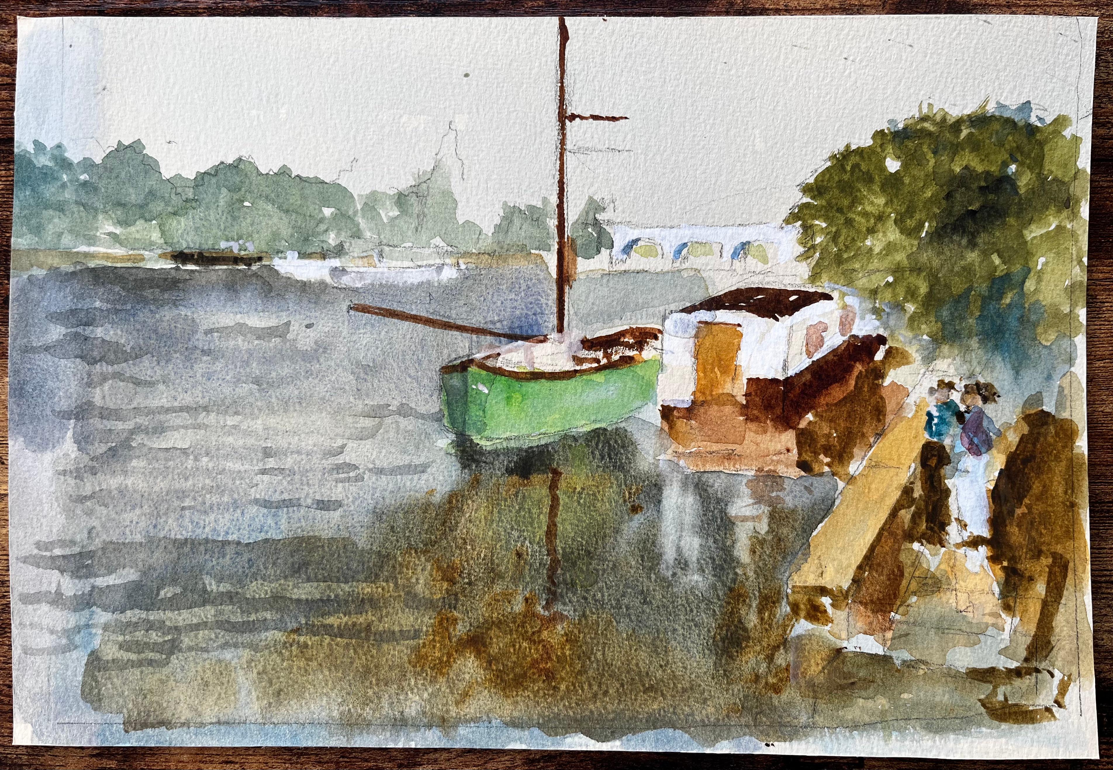 Grünes Boot und Fluss Themse Szene mit Brücke und Hausboot Aquarell – Painting von Anthony Herbert