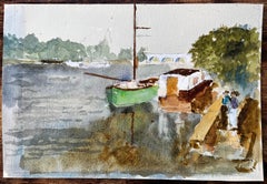 Green Boat And River Thames Scene With Bridge And Houseboat Watercolour