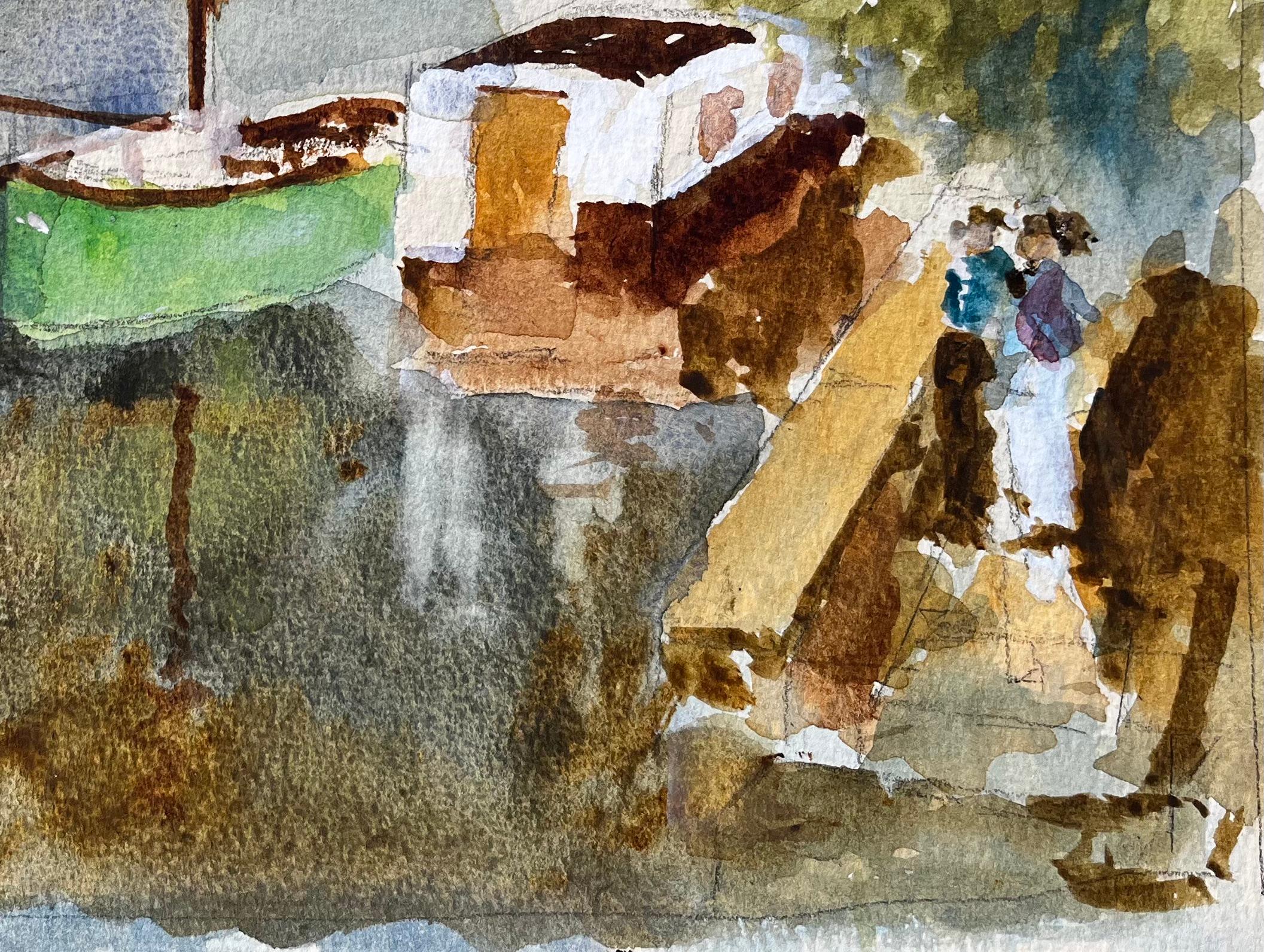Grünes Boot und Fluss Themse Szene mit Brücke und Hausboot Aquarell (Impressionismus), Painting, von Anthony Herbert