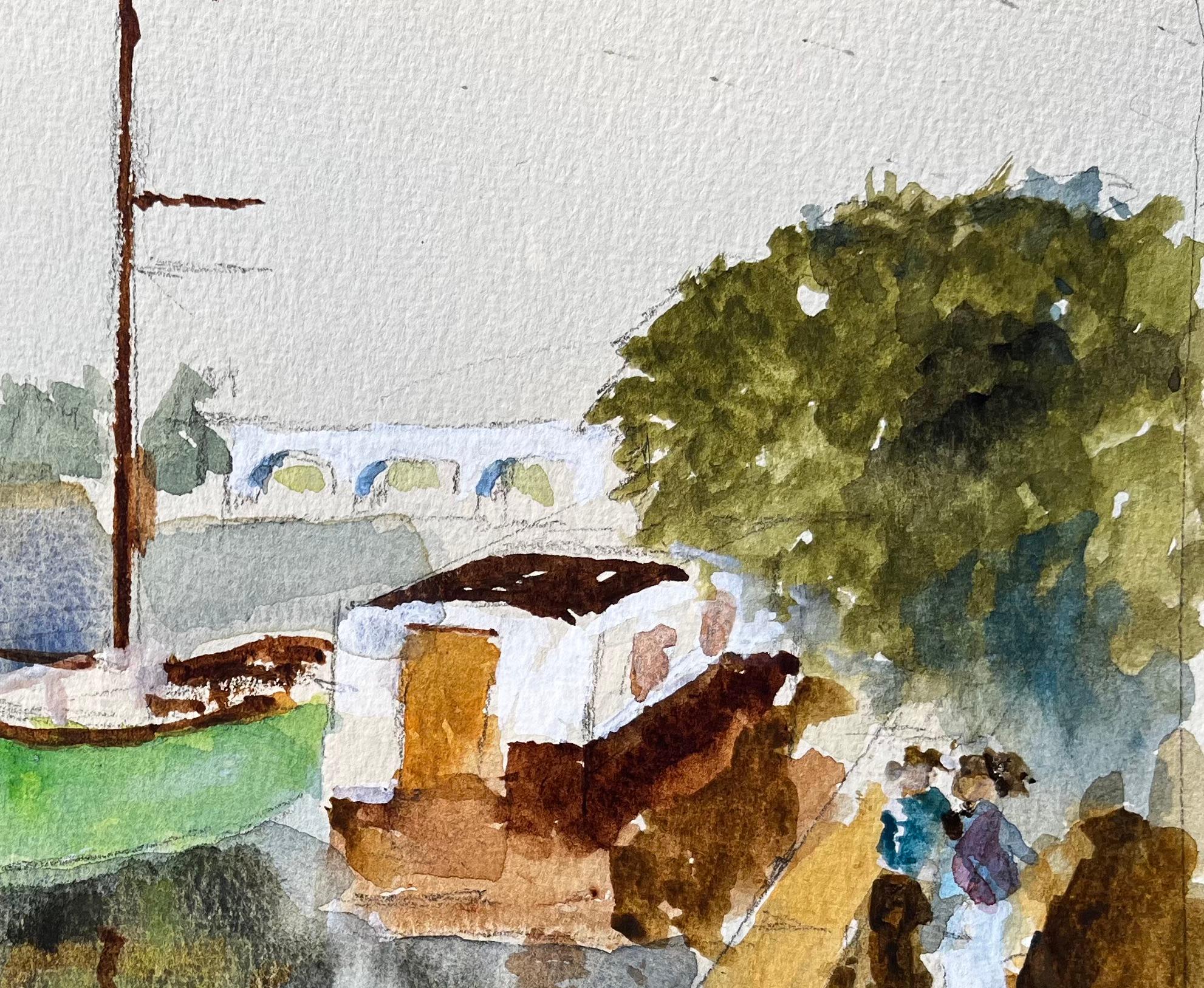 Grünes Boot und Fluss Themse Szene mit Brücke und Hausboot Aquarell (Grau), Landscape Painting, von Anthony Herbert
