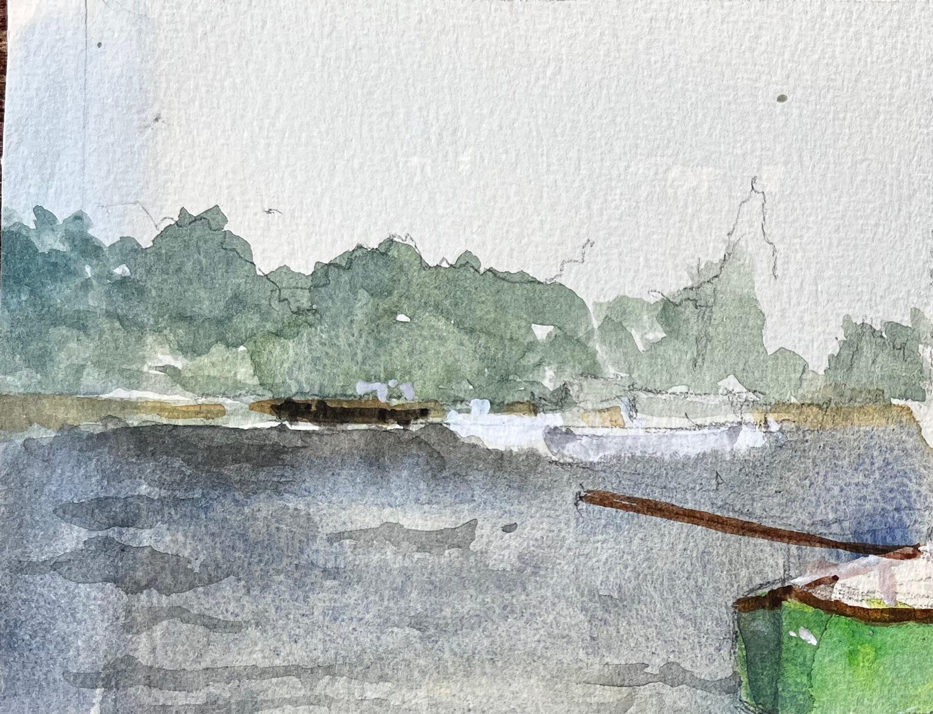 Grünes Boot und Fluss Themse Szene mit Brücke und Hausboot Aquarell im Angebot 1
