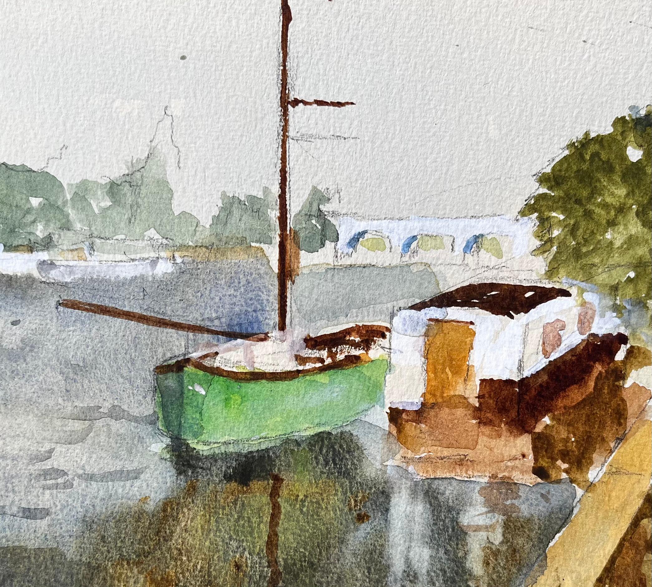 Grünes Boot und Fluss Themse Szene mit Brücke und Hausboot Aquarell im Angebot 2
