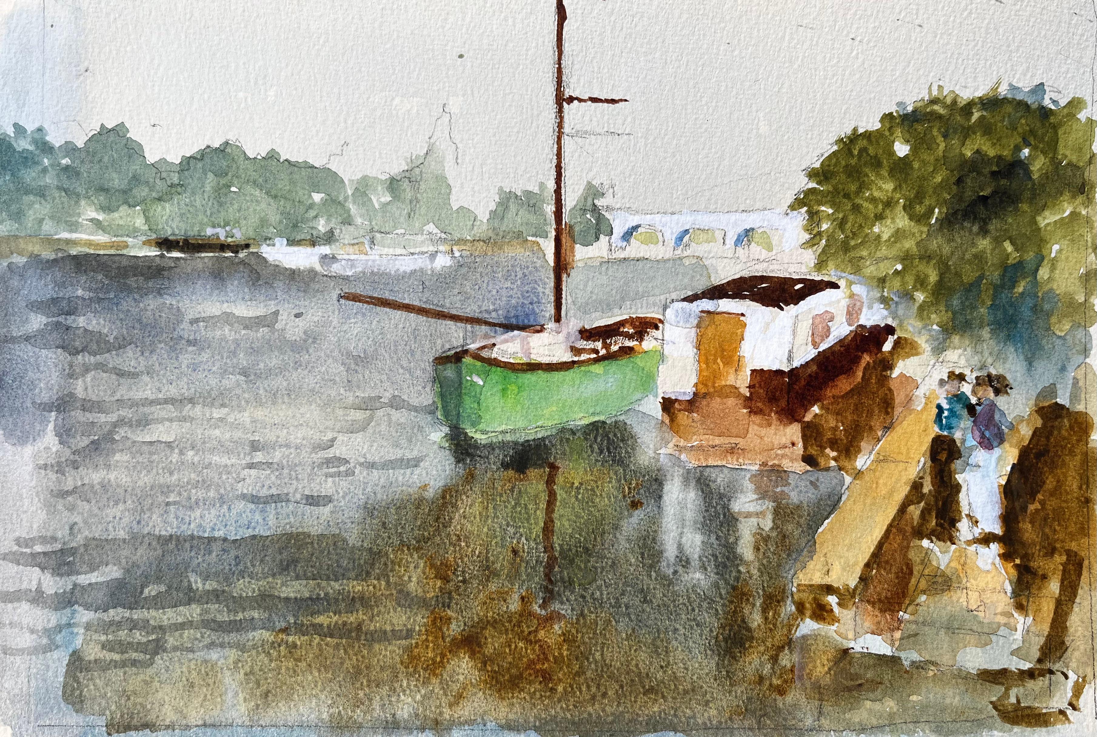 Anthony Herbert Landscape Painting – Grünes Boot und Fluss Themse Szene mit Brücke und Hausboot Aquarell