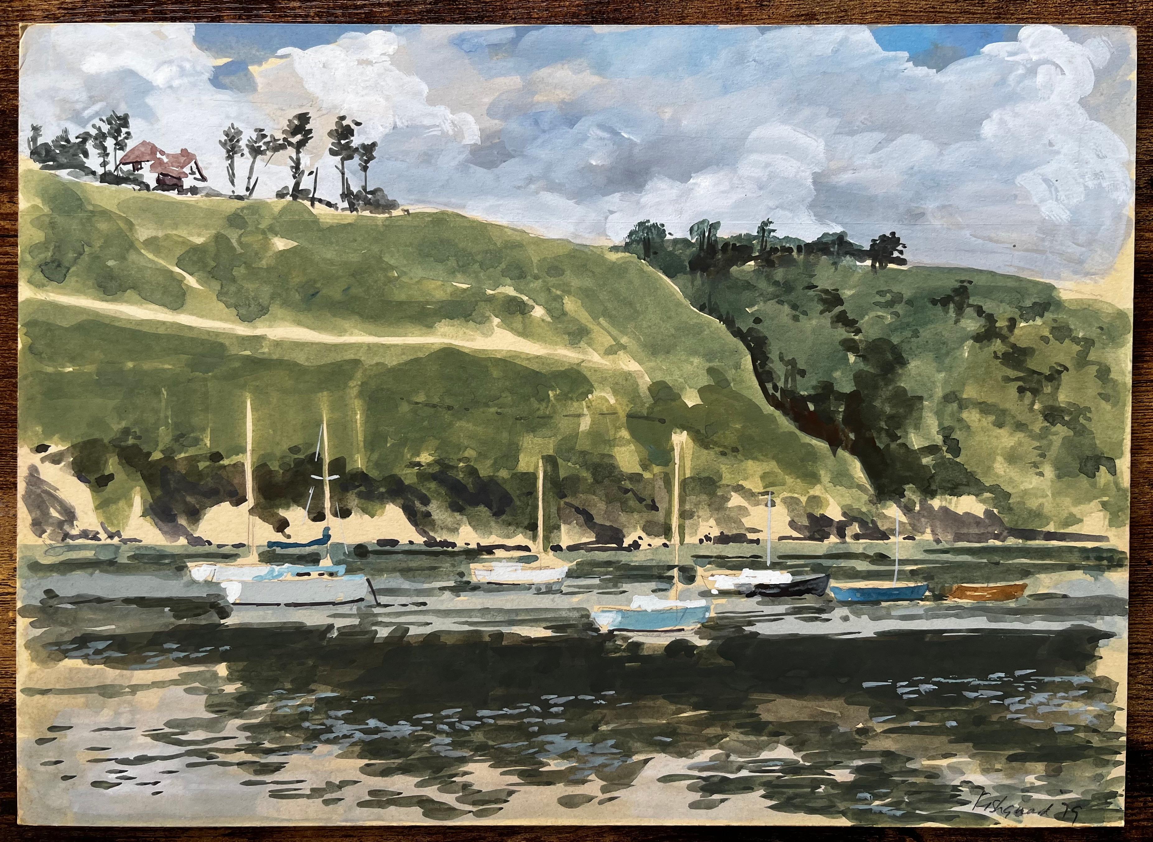 Harbour at Low Tide with Boats and Cliffs Fishguard Wales 1979 Watercolour - Painting by Anthony Herbert