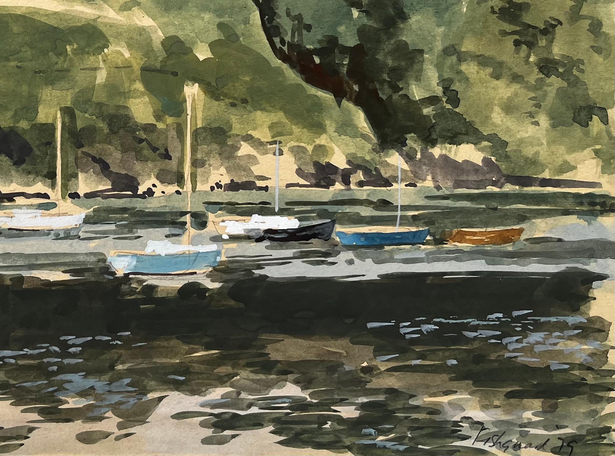 Harbour at Low Tide with Boats and Cliffs Fishguard Wales 1979 Watercolour - Gray Landscape Painting by Anthony Herbert