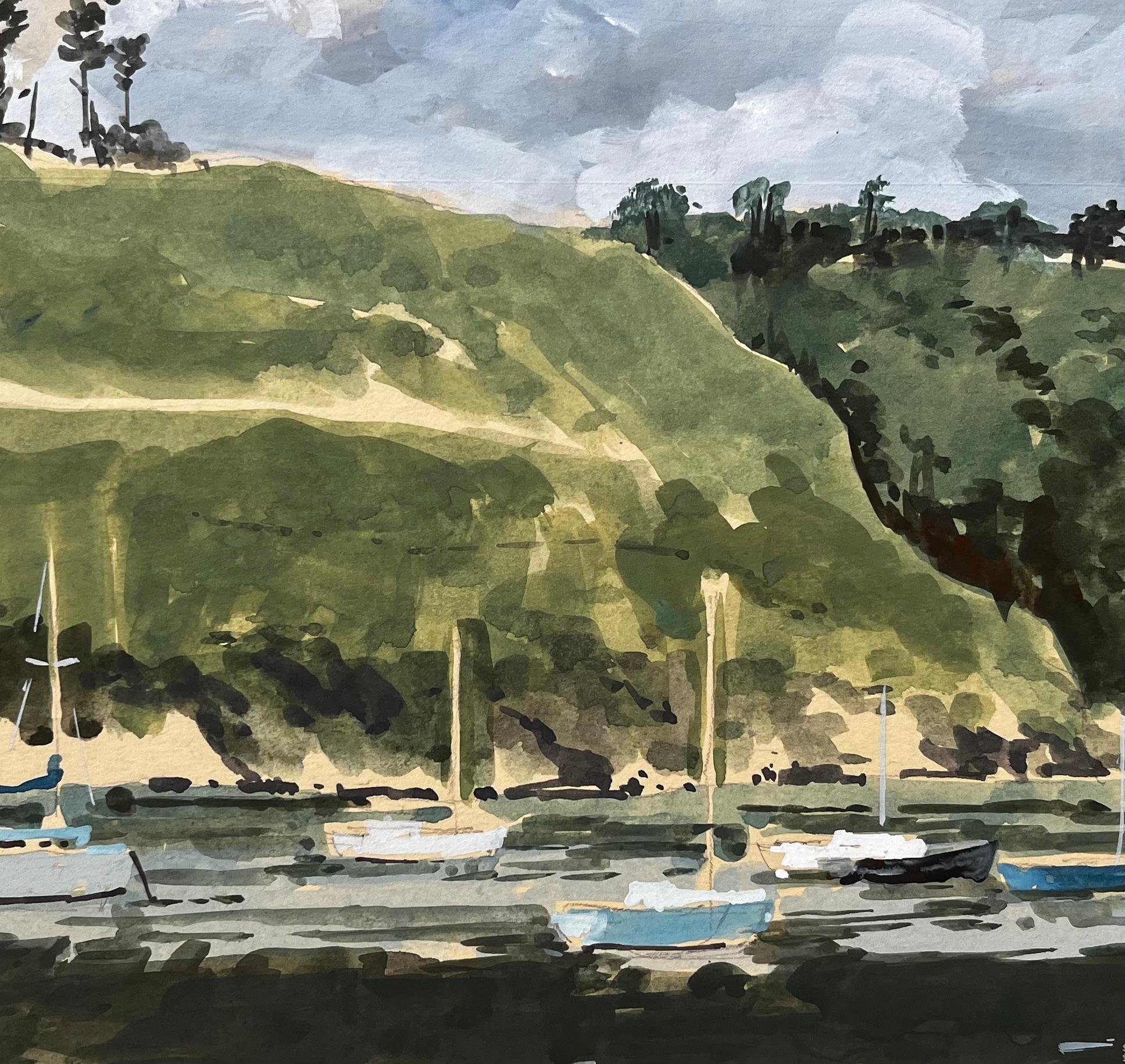 Harbour at Low Tide with Boats and Cliffs Fishguard Wales 1979 Watercolour For Sale 1