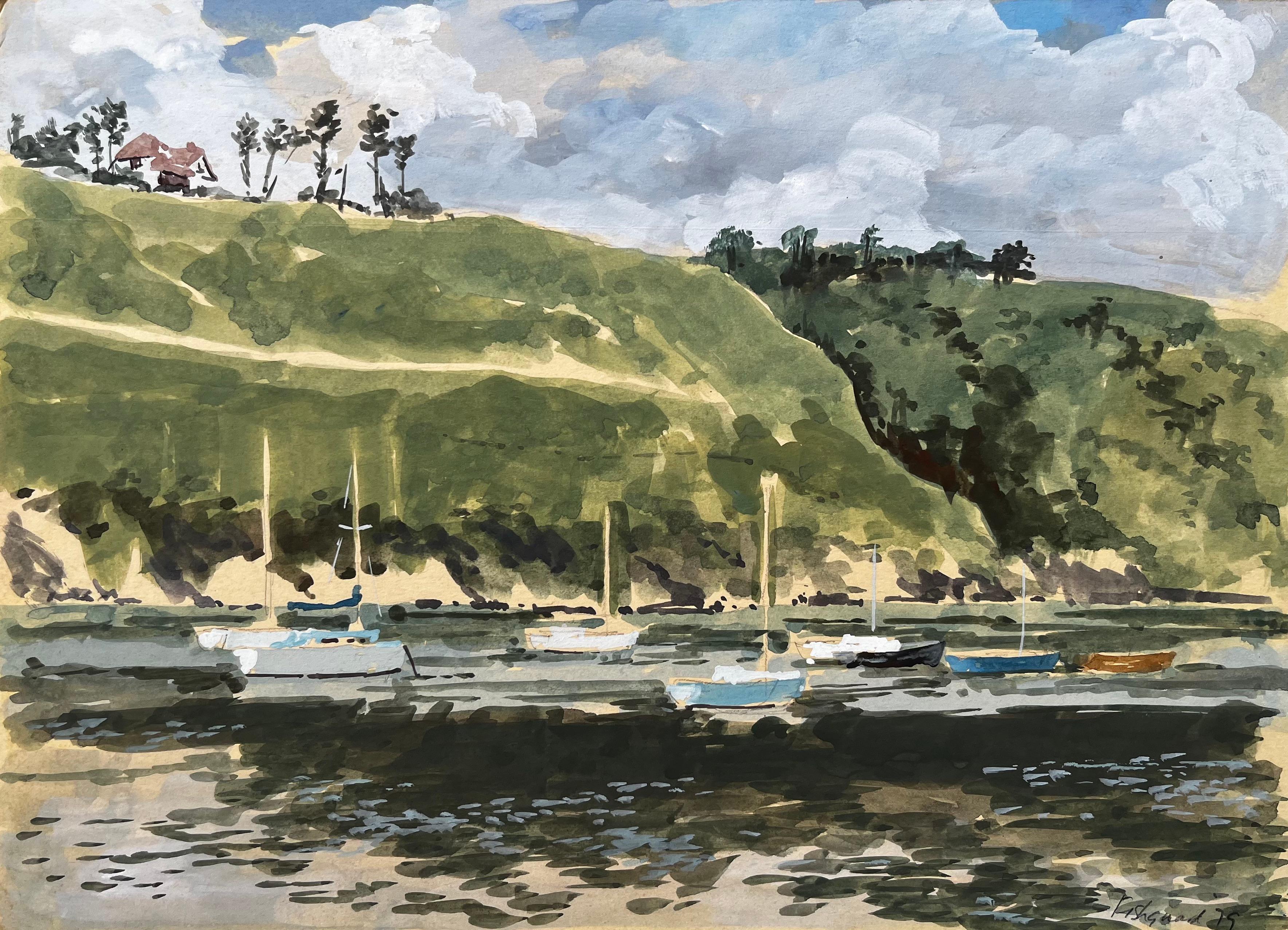 Anthony Herbert Landscape Painting - Harbour at Low Tide with Boats and Cliffs Fishguard Wales 1979 Watercolour