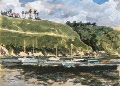Harbour at Low Tide with Boats and Cliffs Fishguard Wales 1979 Watercolour