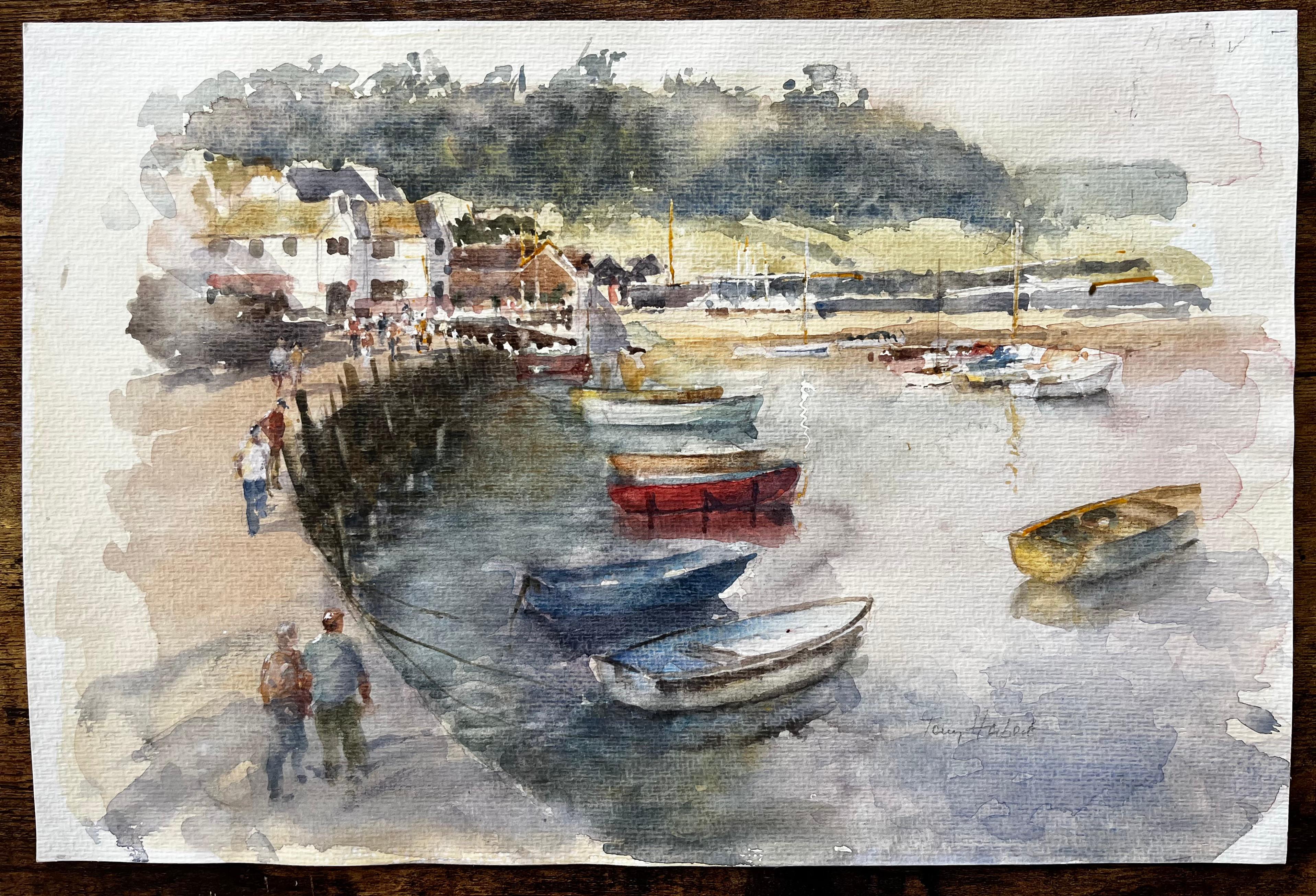 Scène de port avec bateaux, personnages et chalets blanchis à la chaux Côte britannique - Painting de Anthony Herbert