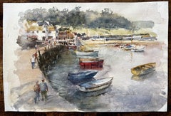 Harbour Scene with Boats Figures and Whitewashed Cottages British Coast