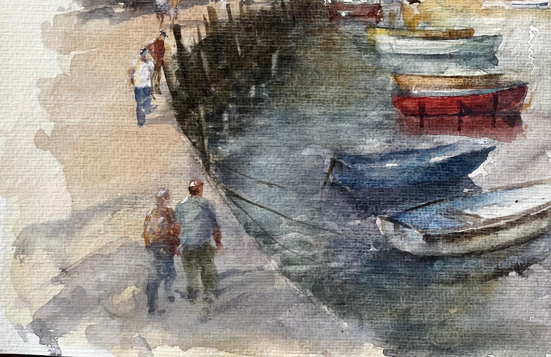 Scène de port avec bateaux, personnages et chalets blanchis à la chaux Côte britannique - Gris Landscape Painting par Anthony Herbert