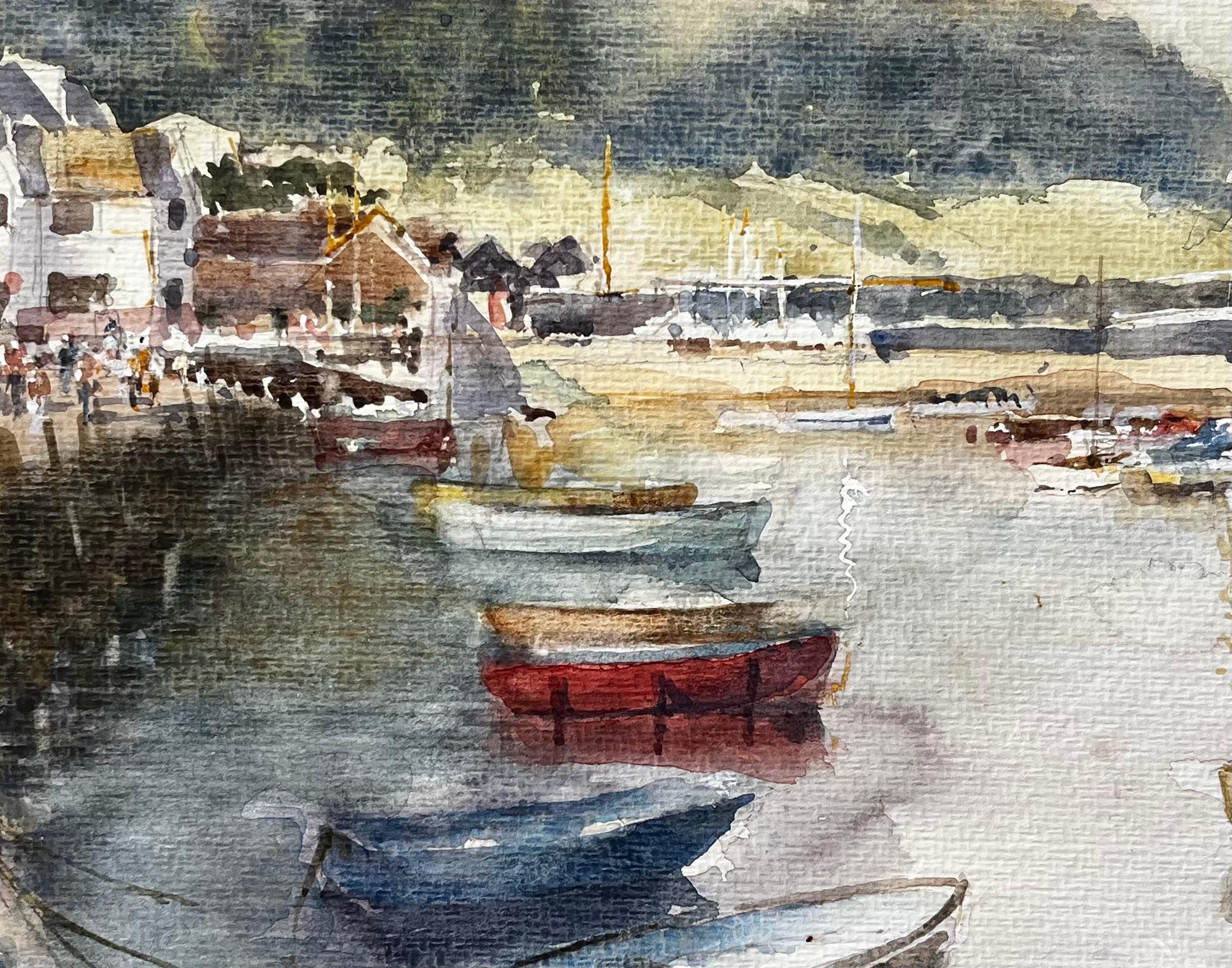 Scène de port avec bateaux, personnages et chalets blanchis à la chaux Côte britannique en vente 1