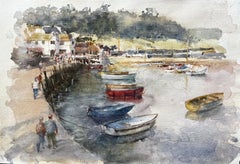Scène de port avec bateaux, personnages et chalets blanchis à la chaux Côte britannique