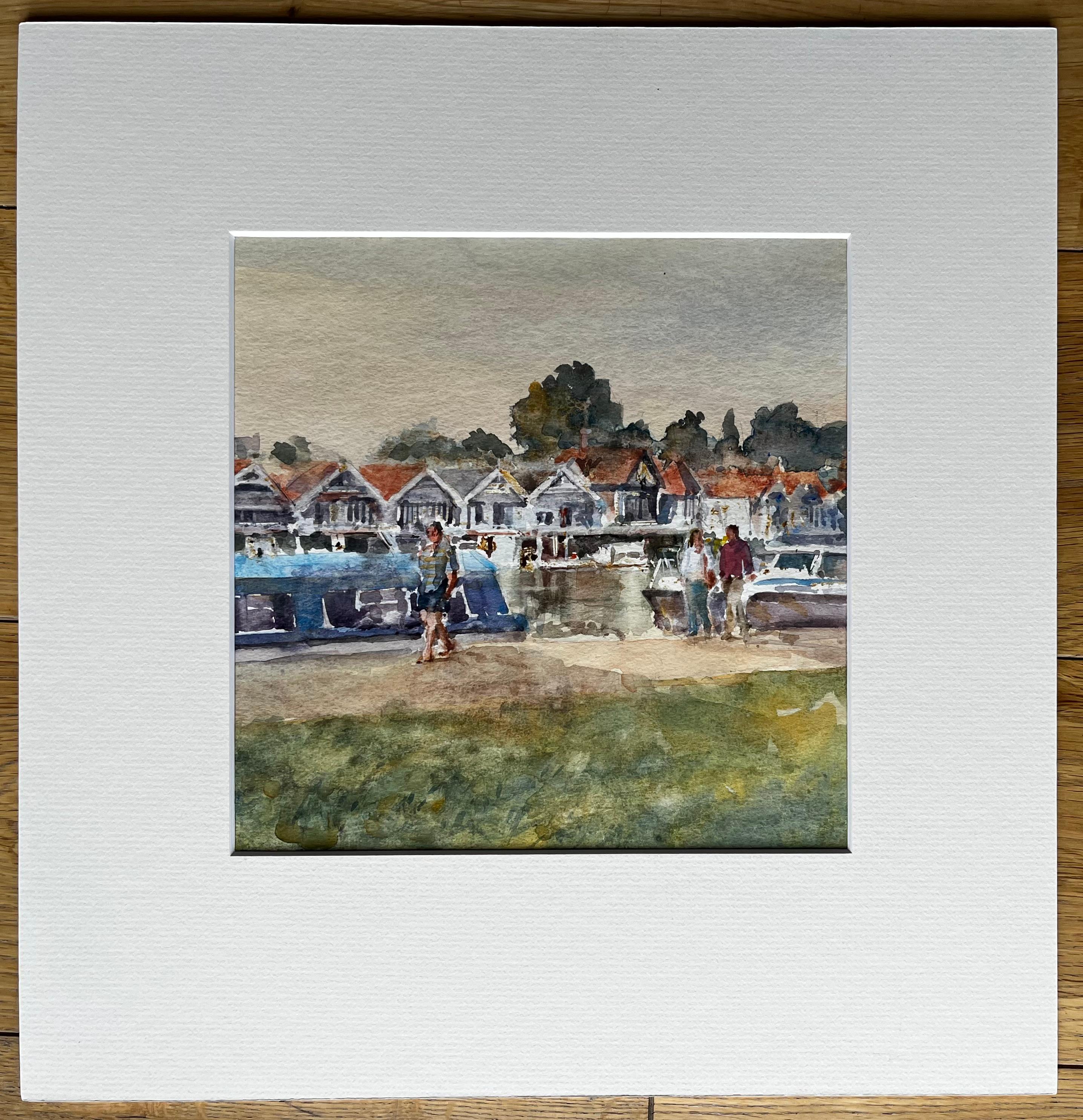 Henley Boathouses with Walkers and River Boats Original Thames Watercolour - Painting by Anthony Herbert