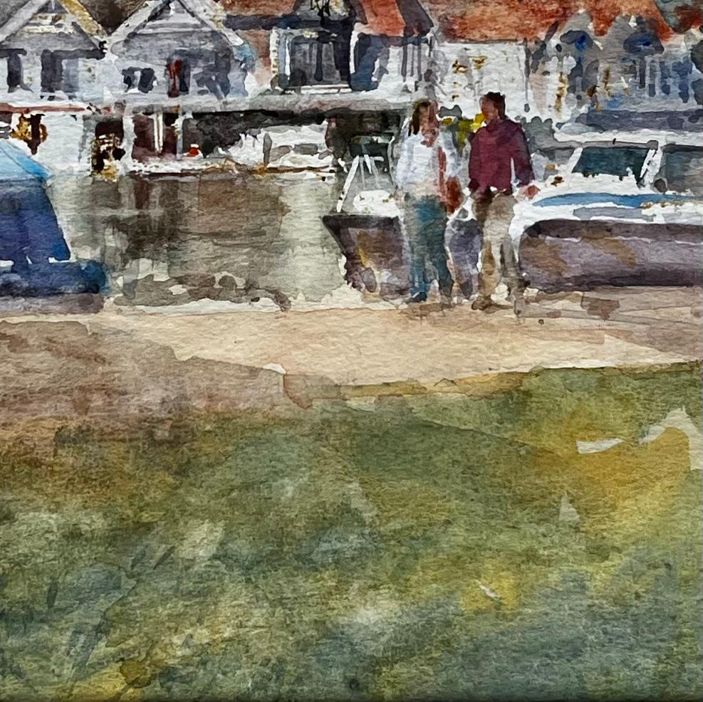 Henley Boathouses with Walkers and River Boats Original Thames Watercolour - Impressionist Painting by Anthony Herbert