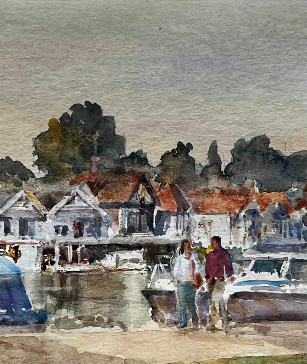 Title: Henley Boathouses with Walkers and River Boats Original Thames Watercolour
By Tony Herbert (1927-2024)
Medium: Watercolor on paper, mounted
Size: 15.25 inches (height) x 14.75 inches (width)
Condition: good, with some signs on wear consistent