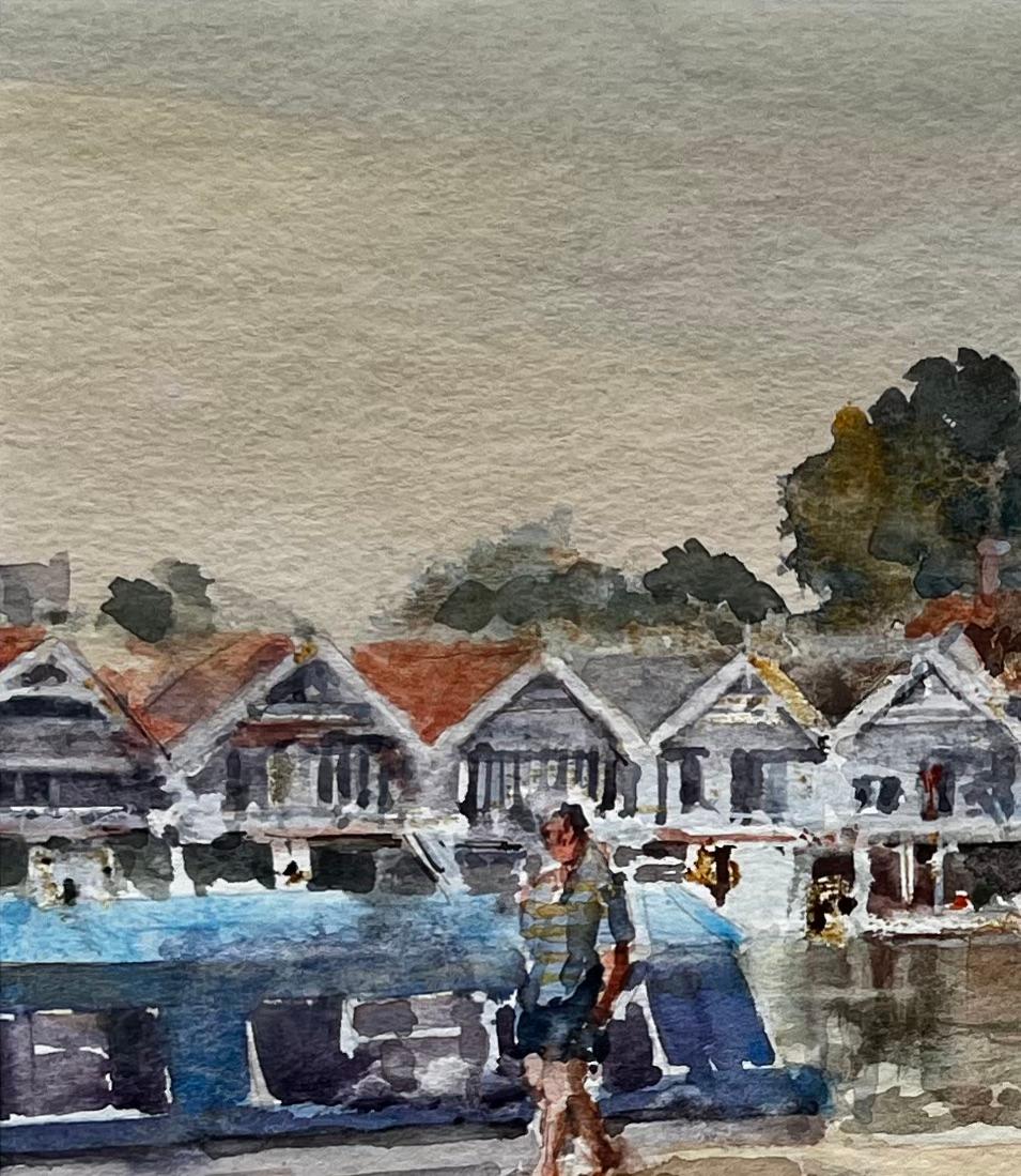 Henley Boathouses with Walkers and River Boats Original Thames Watercolour For Sale 1