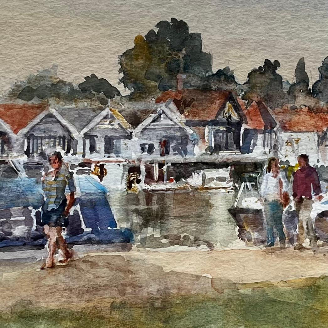 Henley Boathouses with Walkers and River Boats Original Thames Watercolour For Sale 2