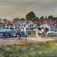 Henley Boathouses with Walkers and River Boats Original Thames Watercolour