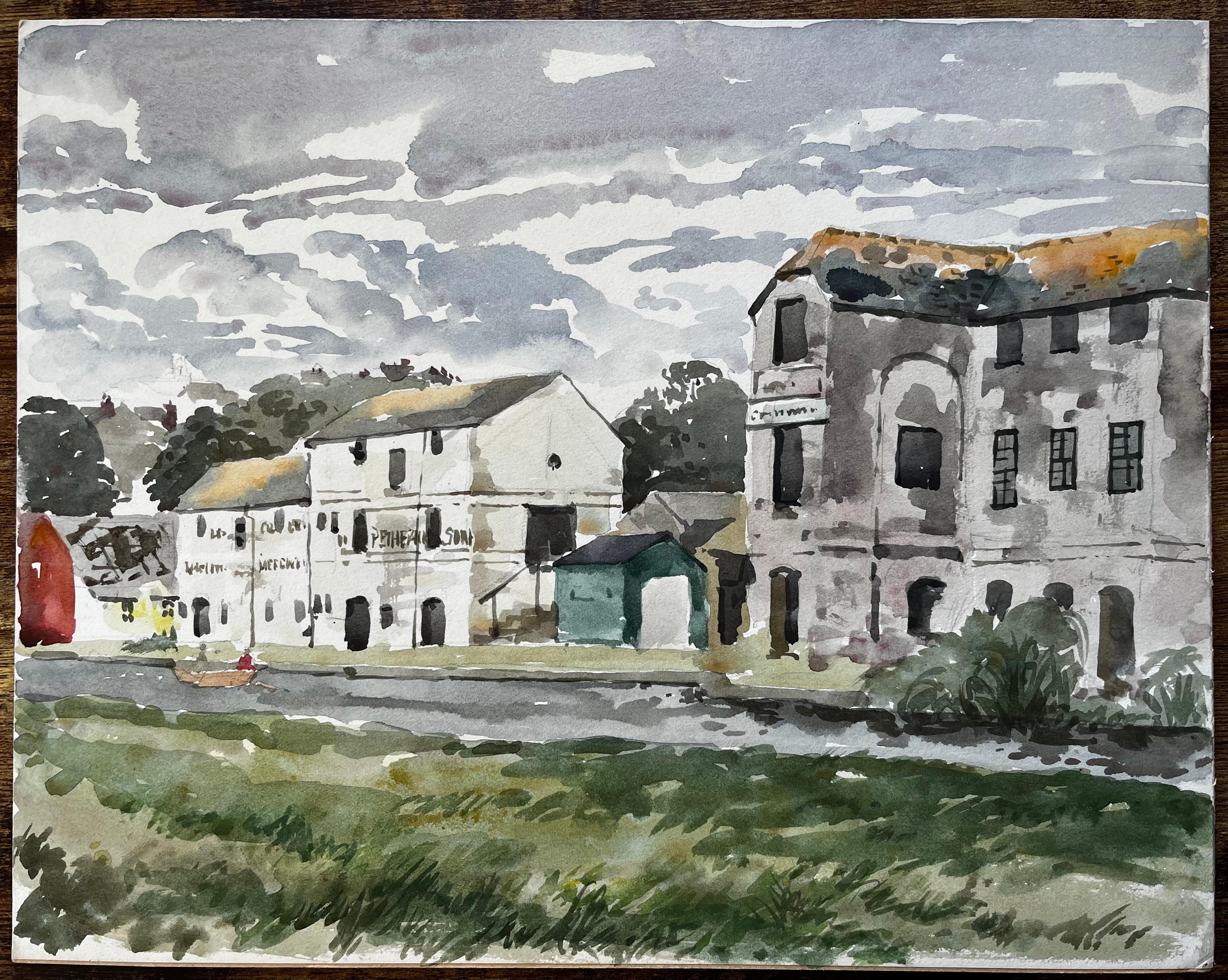 Magazzini storici del canale e riflessi nel canale di Bude in Cornovaglia 1978 - Art di Anthony Herbert
