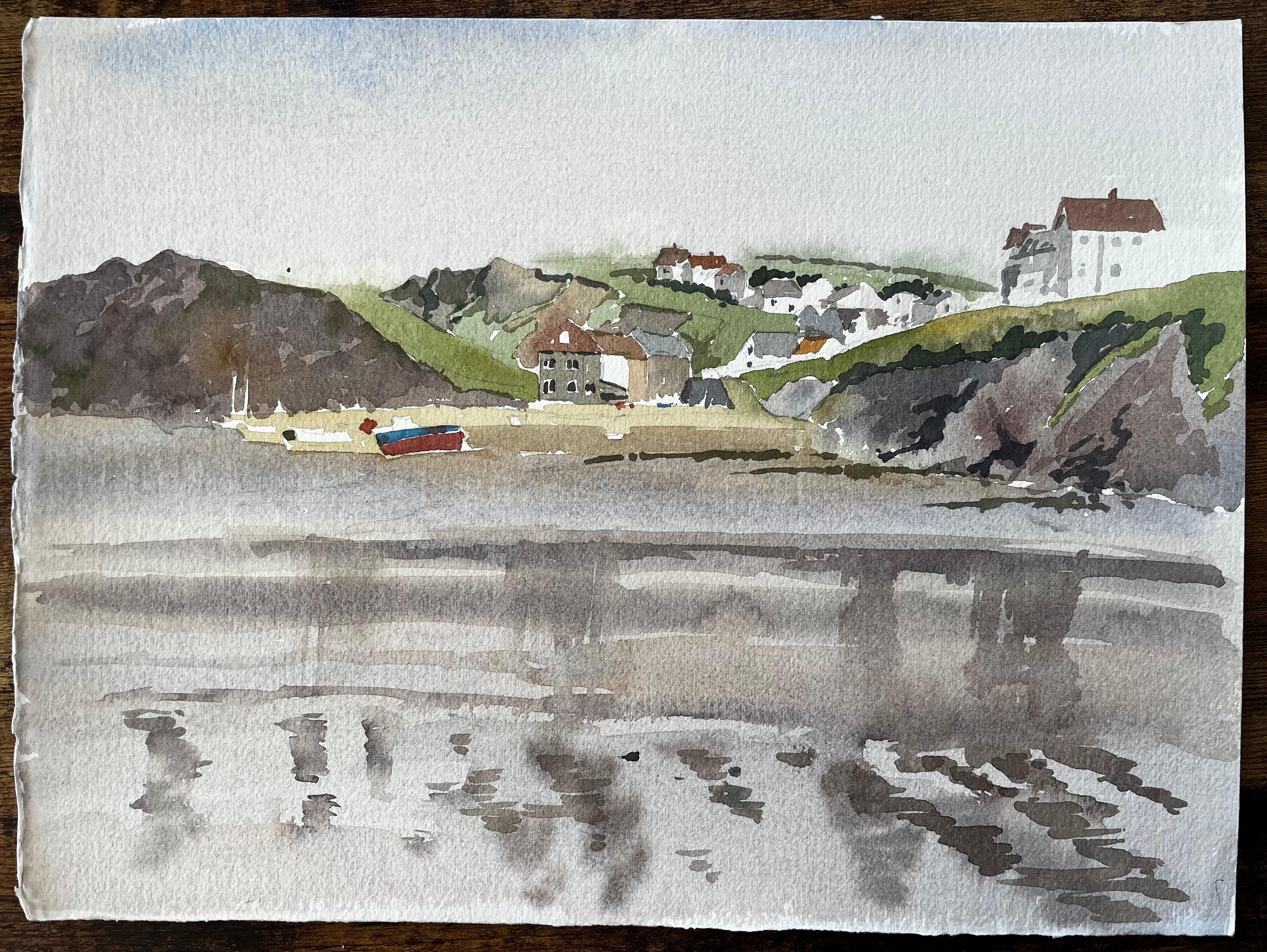 Hope Cove Devon Coastal Village mit Reflexionen Boote und Klippen Aquarell – Art von Anthony Herbert