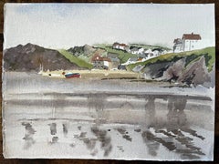 Hope Cove Devon Coastal Village with Reflections Boats and Cliffs Watercolour