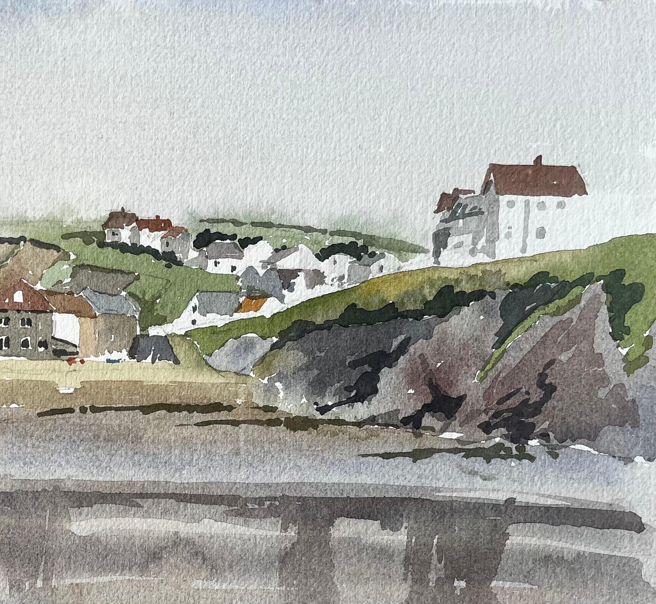Hope Cove Devon Coastal Village mit Reflexionen Boote und Klippen Aquarell (Impressionismus), Art, von Anthony Herbert