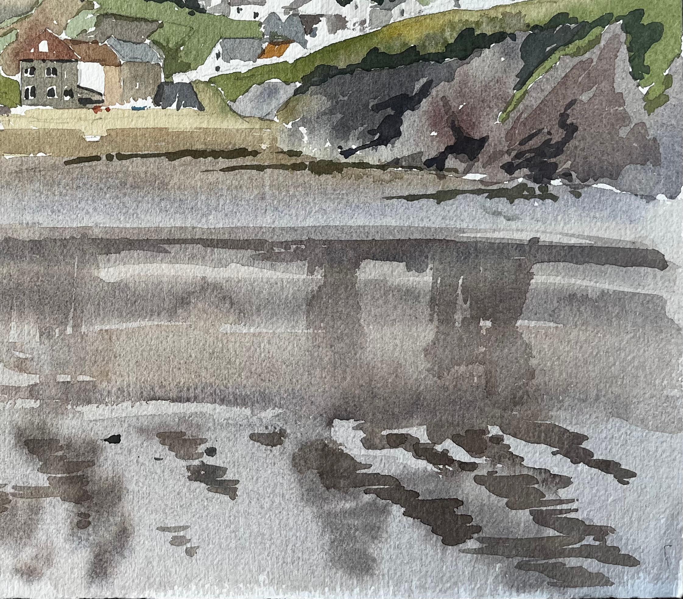 Hope Cove Devon Coastal Village mit Reflexionen Boote und Klippen Aquarell (Grau), Landscape Art, von Anthony Herbert