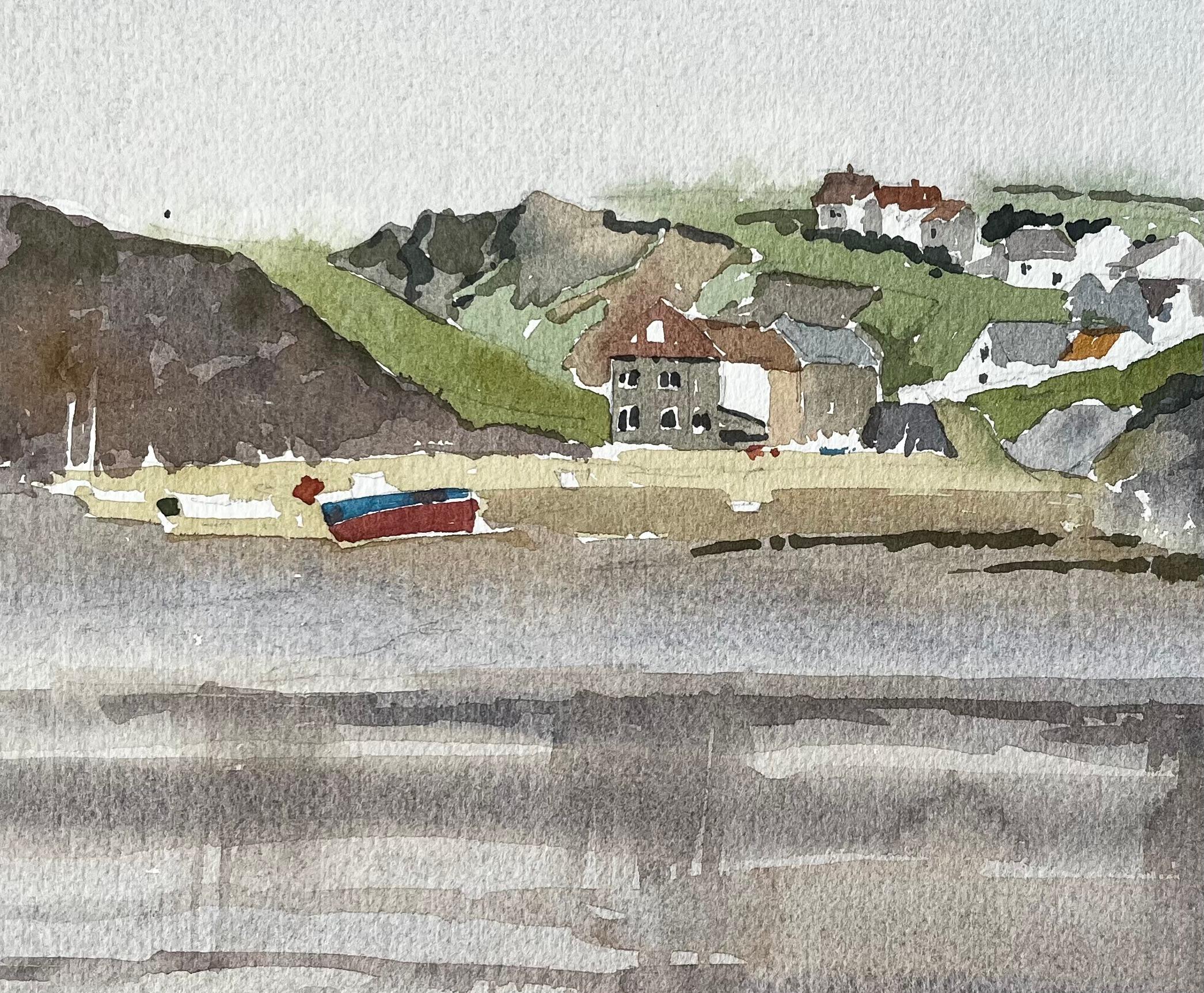 Hope Cove Devon Coastal Village mit Reflexionen Boote und Klippen Aquarell im Angebot 1