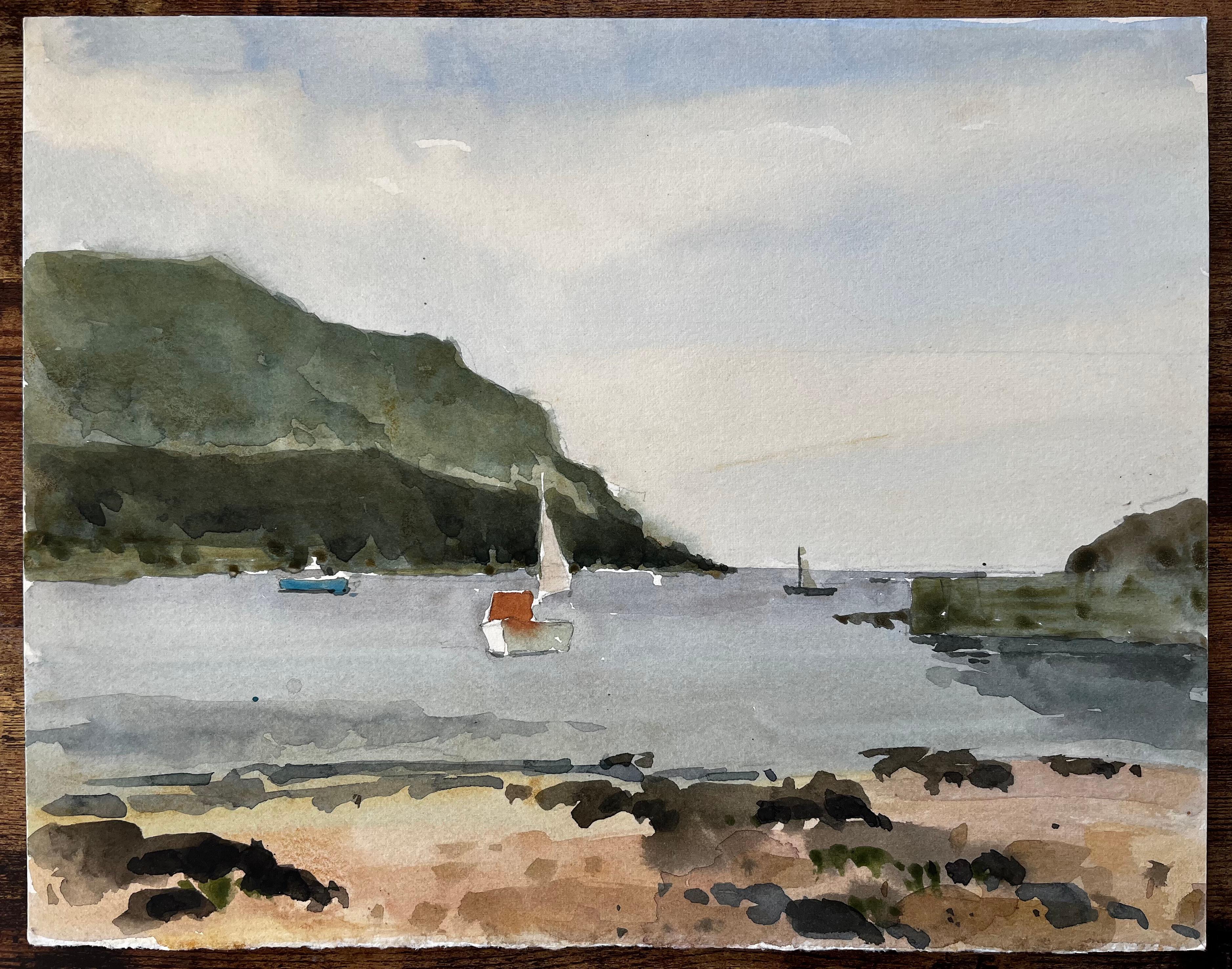 Hope Cove Devon Harbour View with Sailboats and Beach Aquarelle 1984 - Painting de Anthony Herbert
